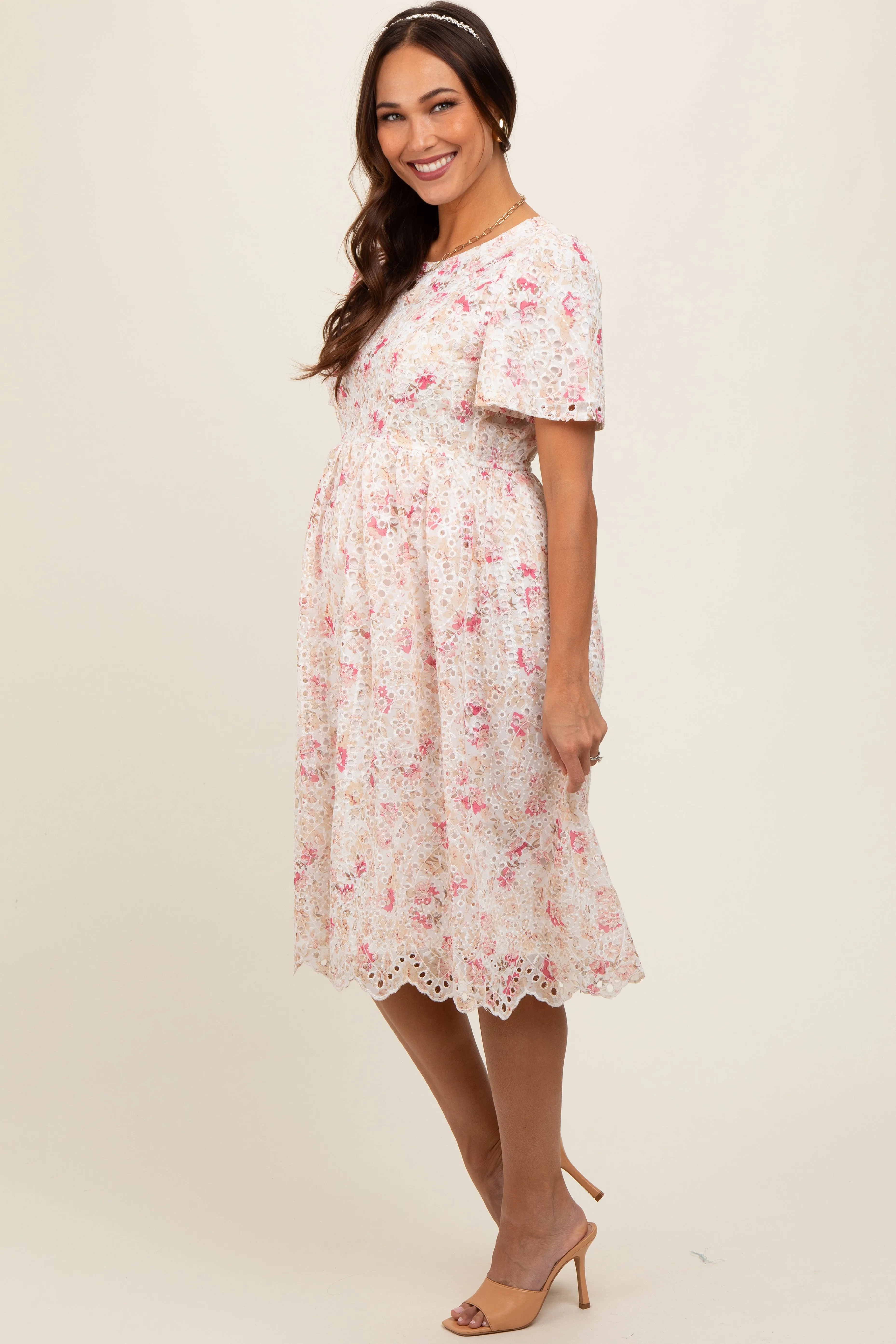 Ivory Floral Embroidered Eyelet Maternity Midi Dress sold by Pinkblush product image thumbnail 3