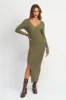 Olive Ribbed Fitted Long Sleeve Maxi Dress sold by Pinkblush