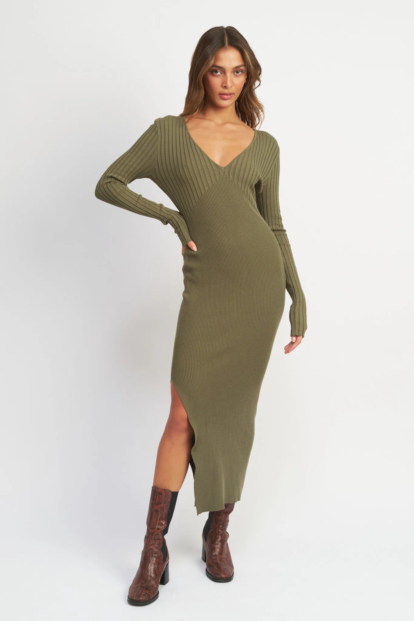 Olive Ribbed Fitted Long Sleeve Maxi Dress sold by Pinkblush