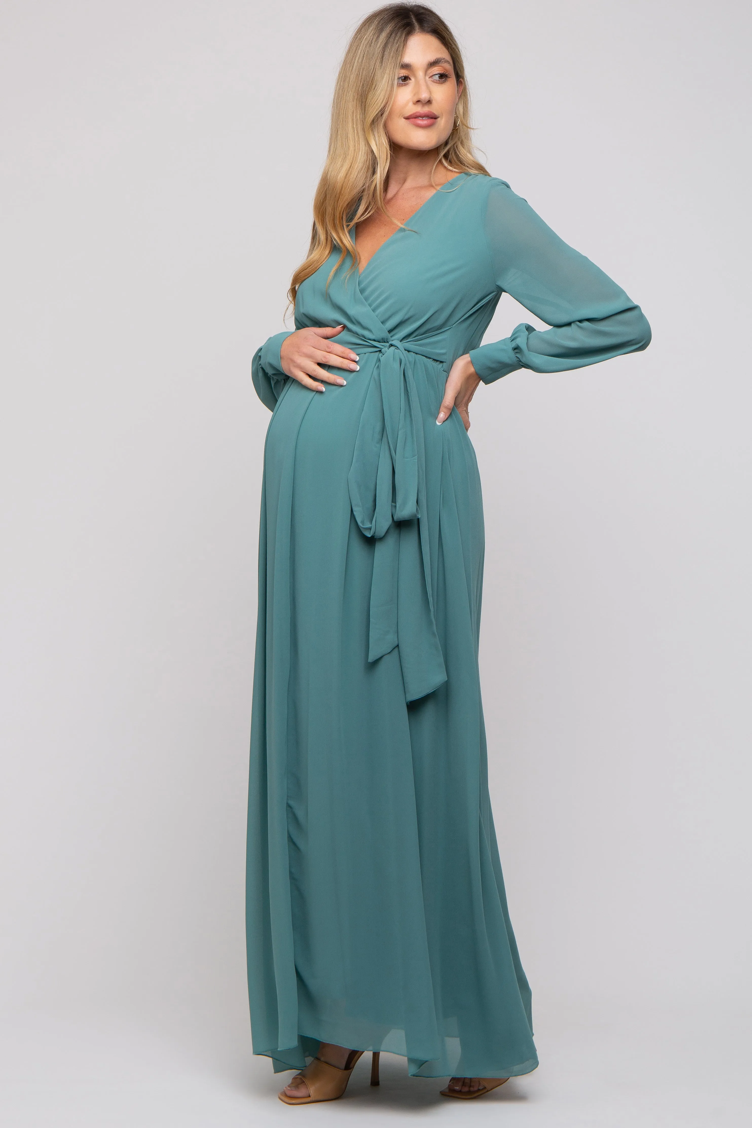 Teal Chiffon Wrap Maternity Gown sold by Pinkblush product image thumbnail 2