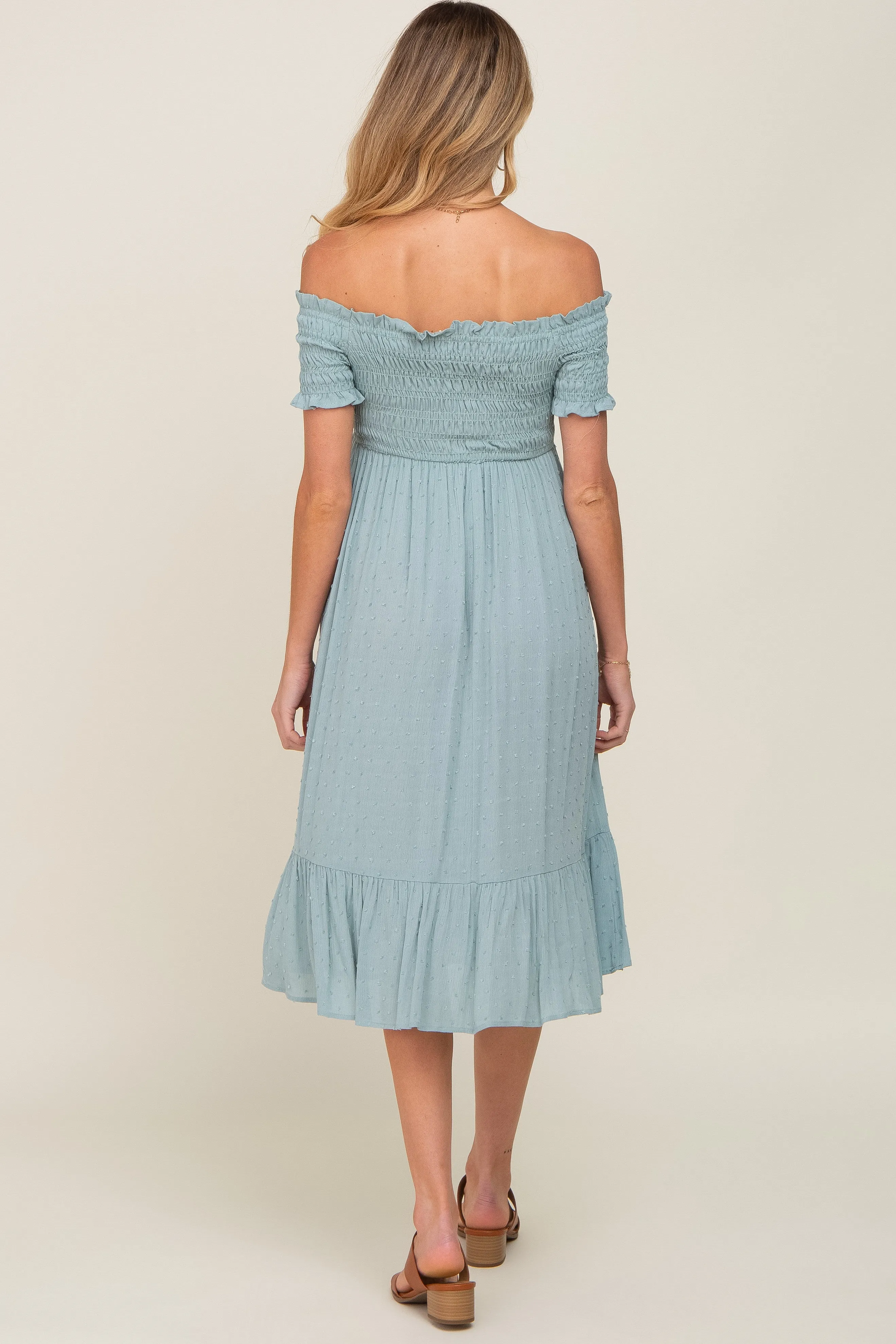 Sage Off Shoulder Smocked Maternity Midi Dress sold by Pinkblush product image thumbnail 3