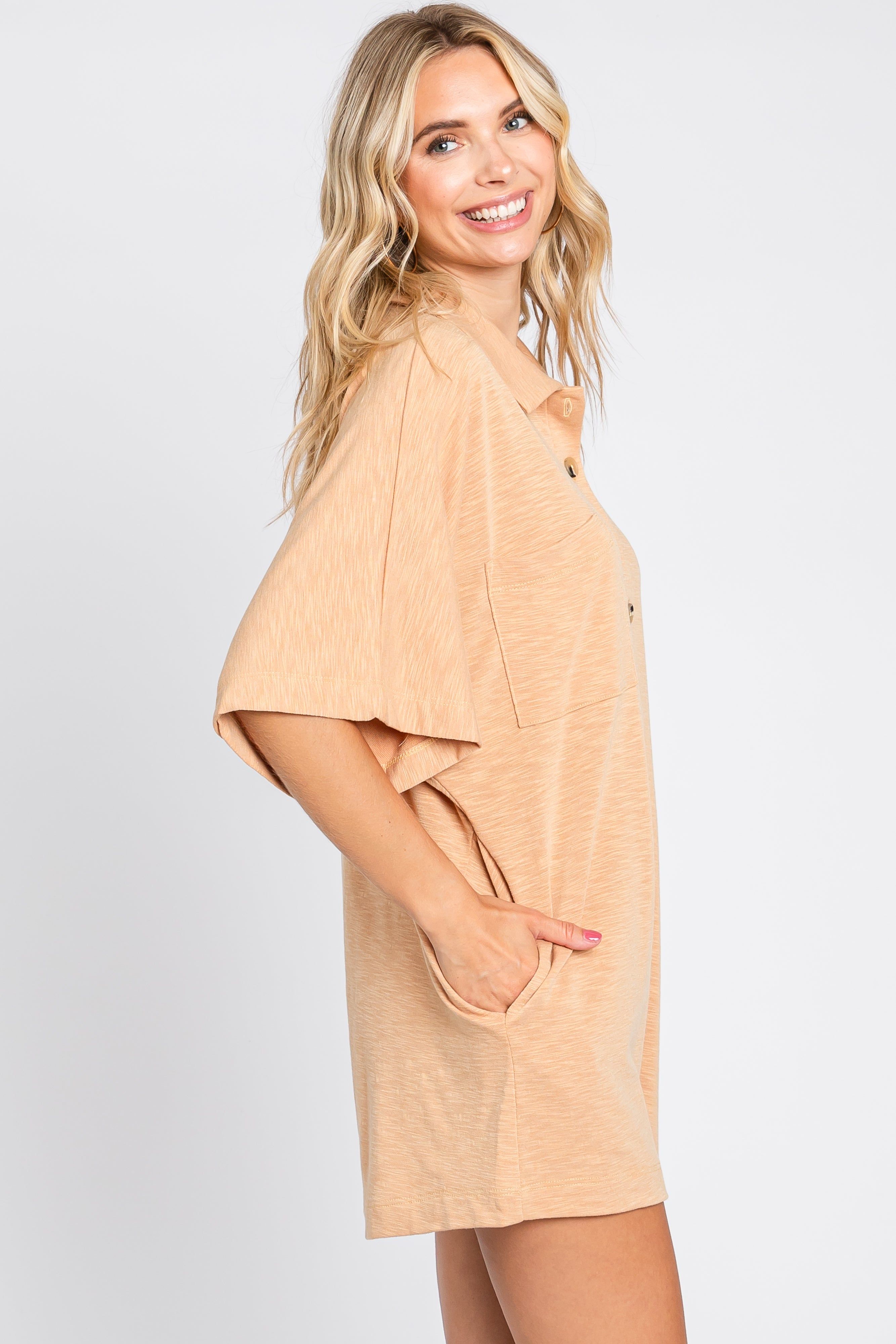 Camel Heathered Front Button Romper sold by Pinkblush product image thumbnail 2