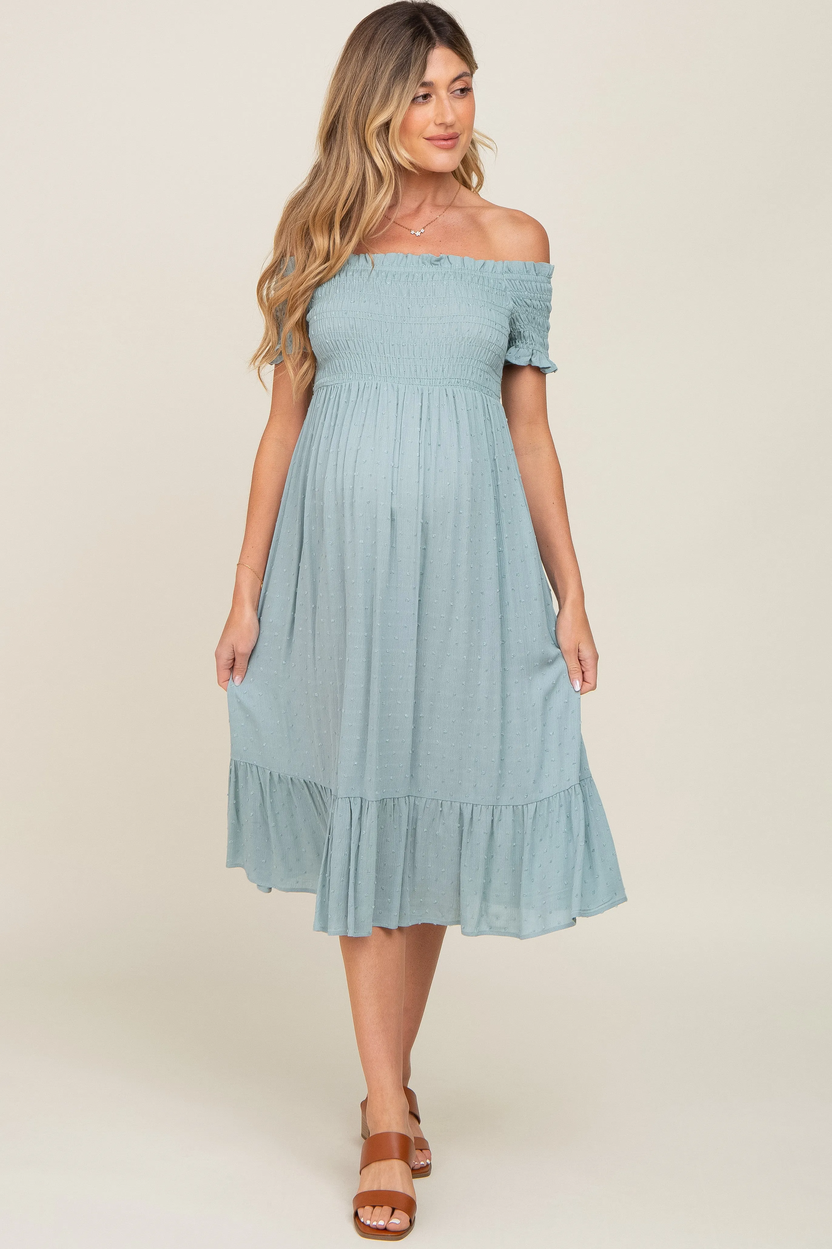 Sage Off Shoulder Smocked Maternity Midi Dress sold by Pinkblush