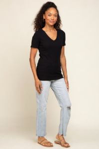 Black Ribbed V-Neck Top sold by Pinkblush