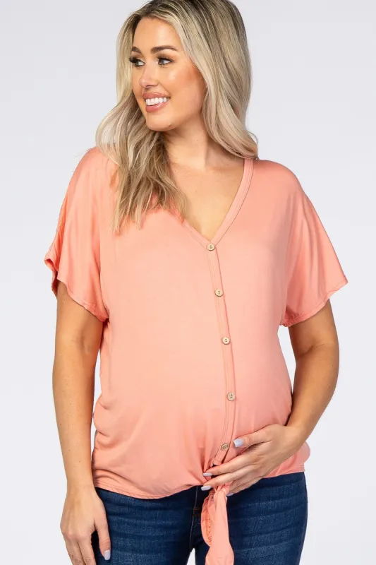 Peach Tie Front Short Sleeve Maternity Top sold by Pinkblush