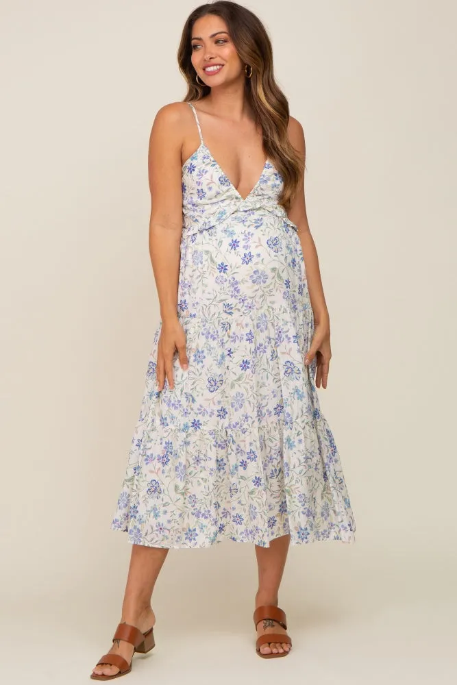 Blue Floral Tiered Maternity Midi Dress sold by Pinkblush product image thumbnail 3