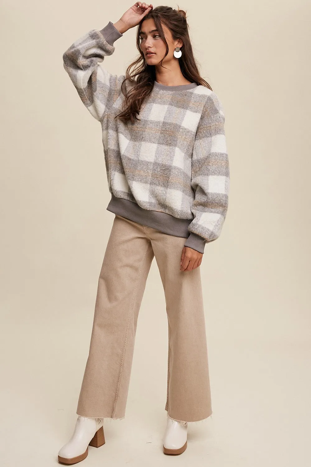 Grey Plaid Fuzzy Knit Pullover Sweater sold by Pinkblush product image thumbnail 4