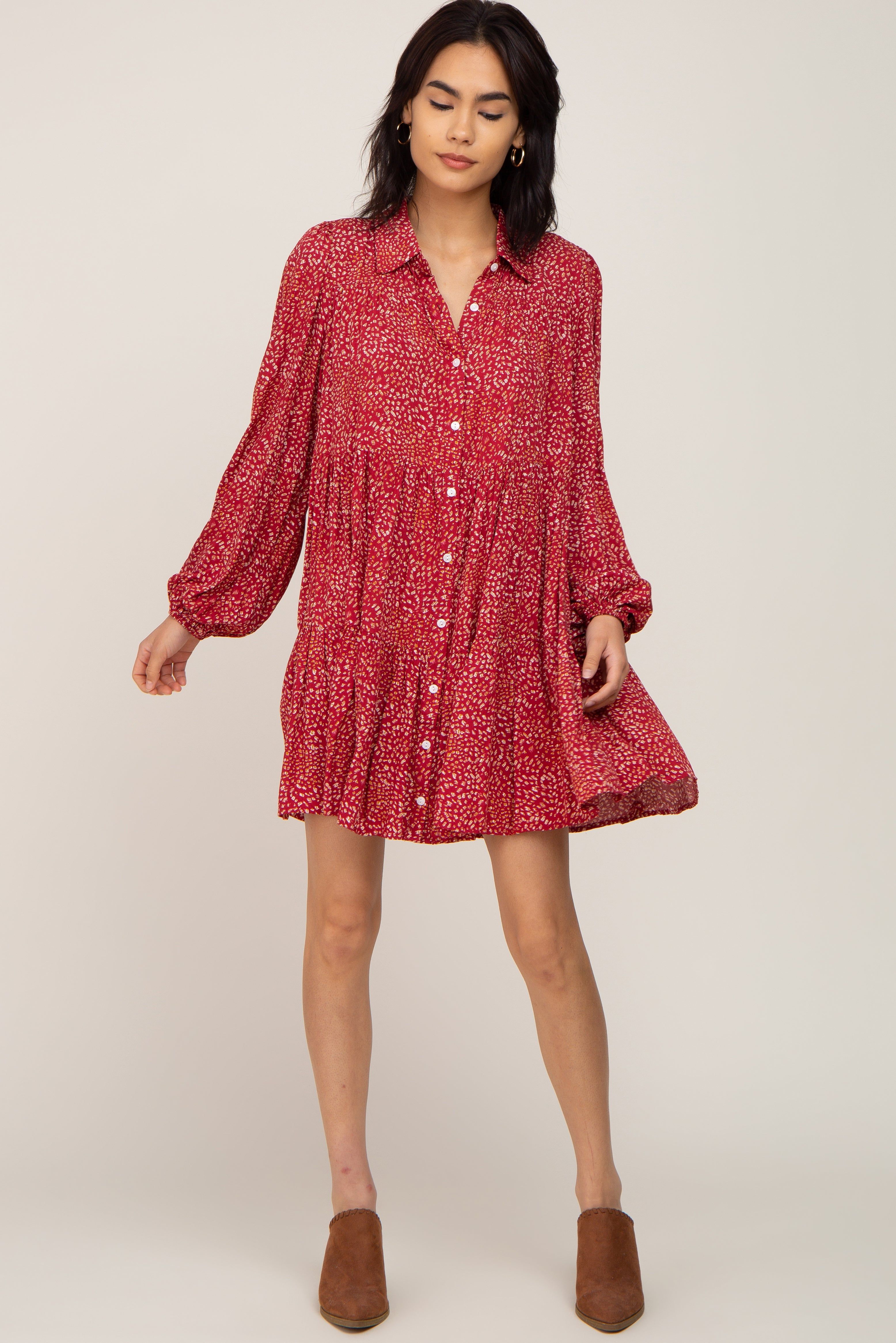 Rust Printed Button Down Tiered Mini Dress sold by Pinkblush product image thumbnail 5