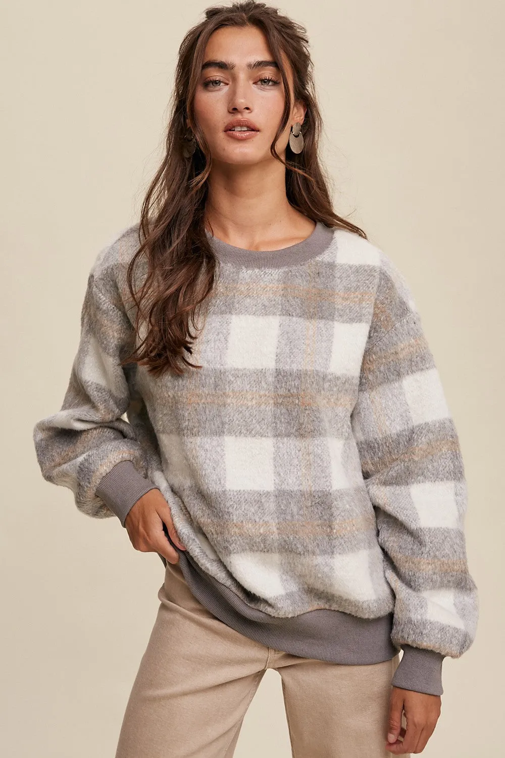 Grey Plaid Fuzzy Knit Pullover Sweater sold by Pinkblush