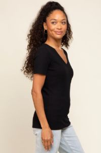 Black Ribbed V-Neck Top sold by Pinkblush