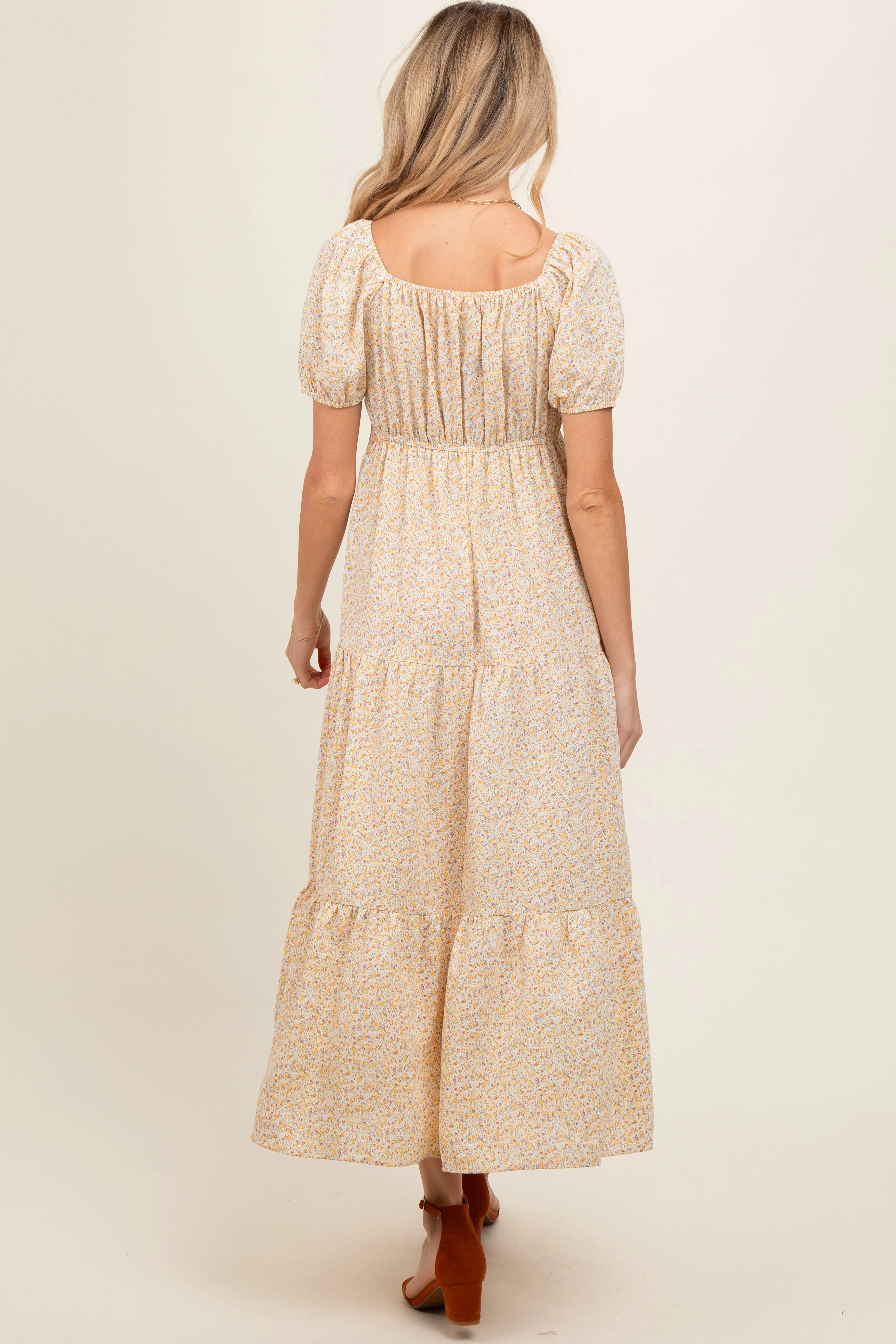 Yellow Ditsy Floral Tiered Maternity Midi Dress sold by Pinkblush product image thumbnail 3