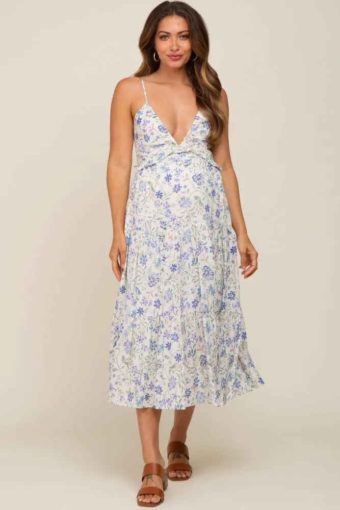 Blue Floral Tiered Maternity Midi Dress sold by Pinkblush