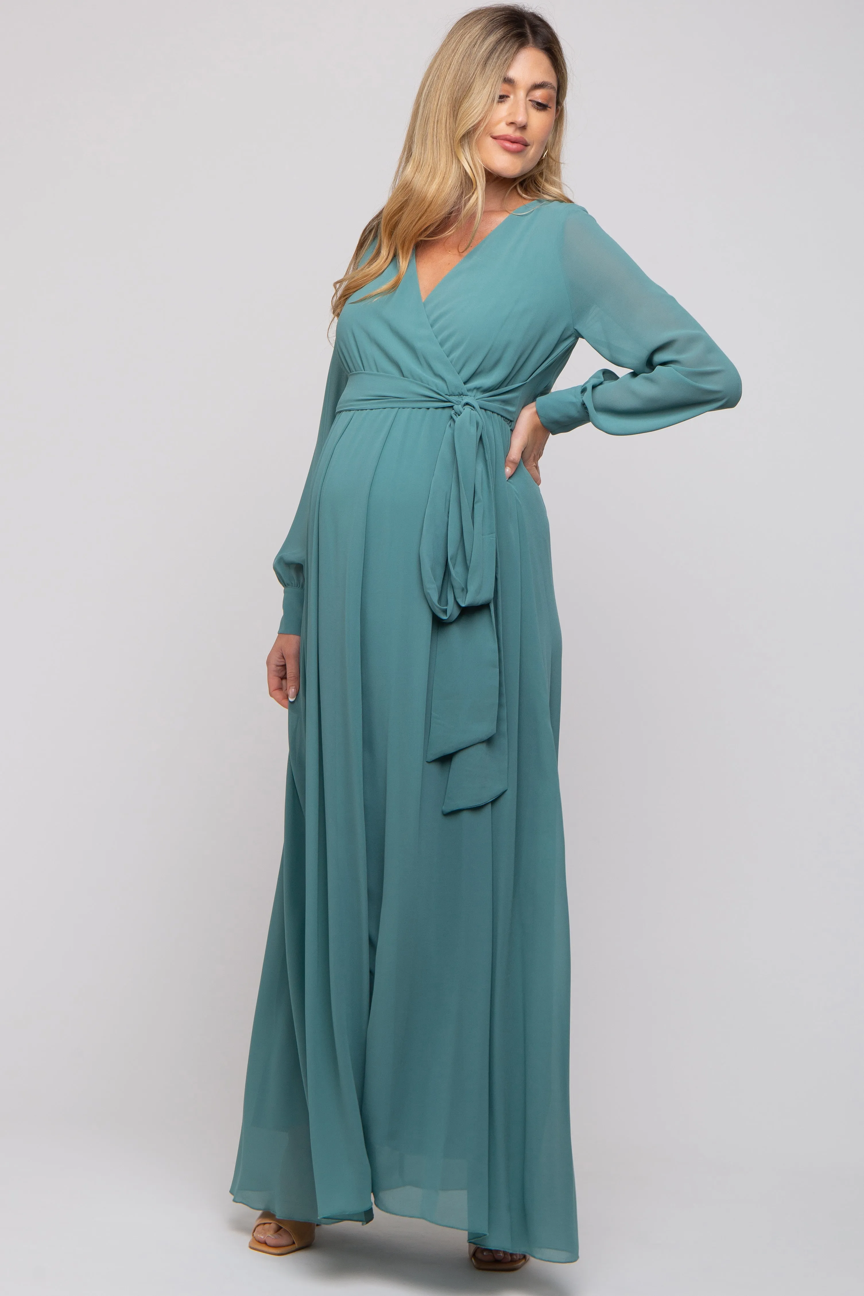 Teal Chiffon Wrap Maternity Gown sold by Pinkblush product image thumbnail 4