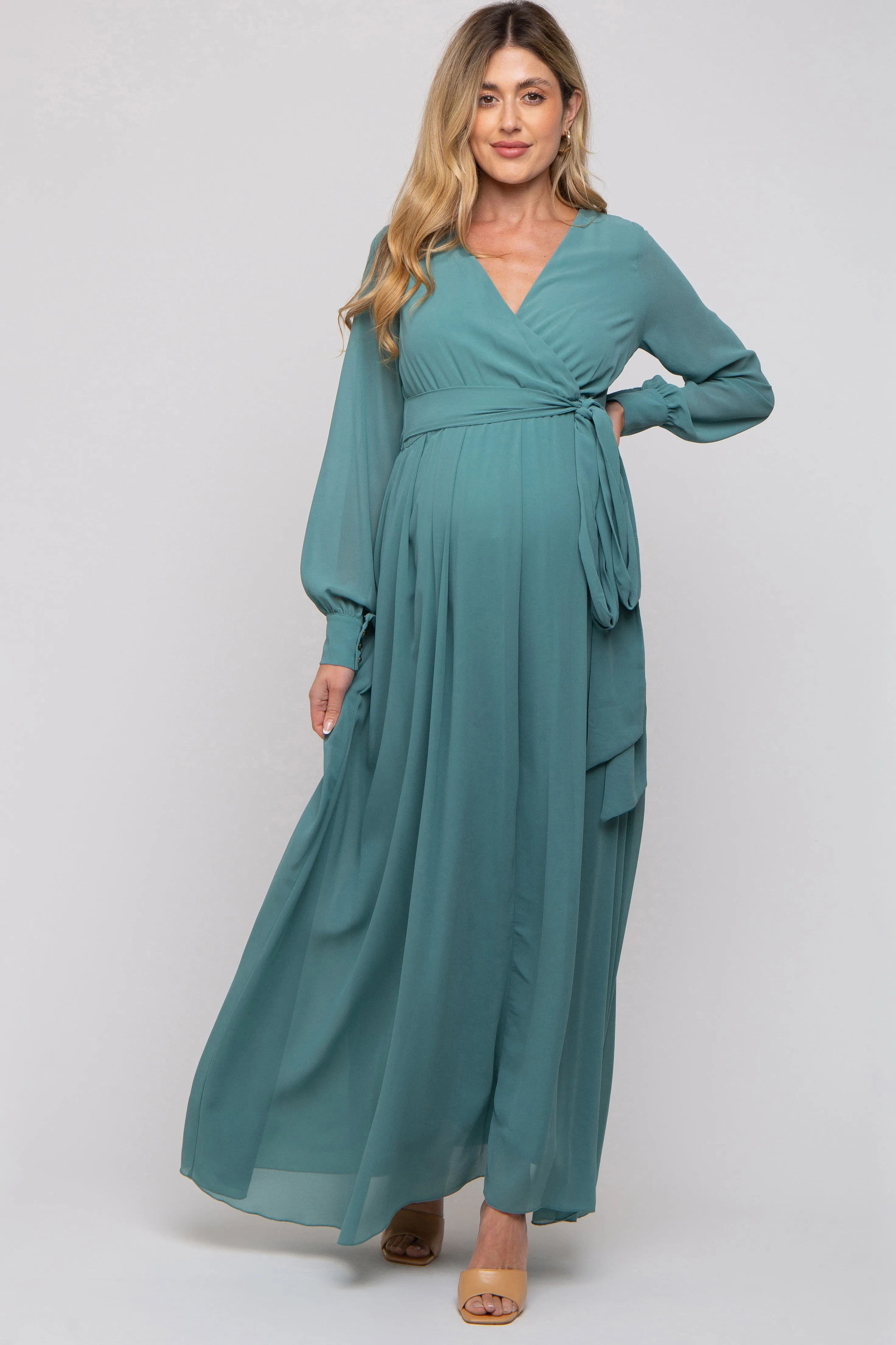Teal Chiffon Wrap Maternity Gown sold by Pinkblush