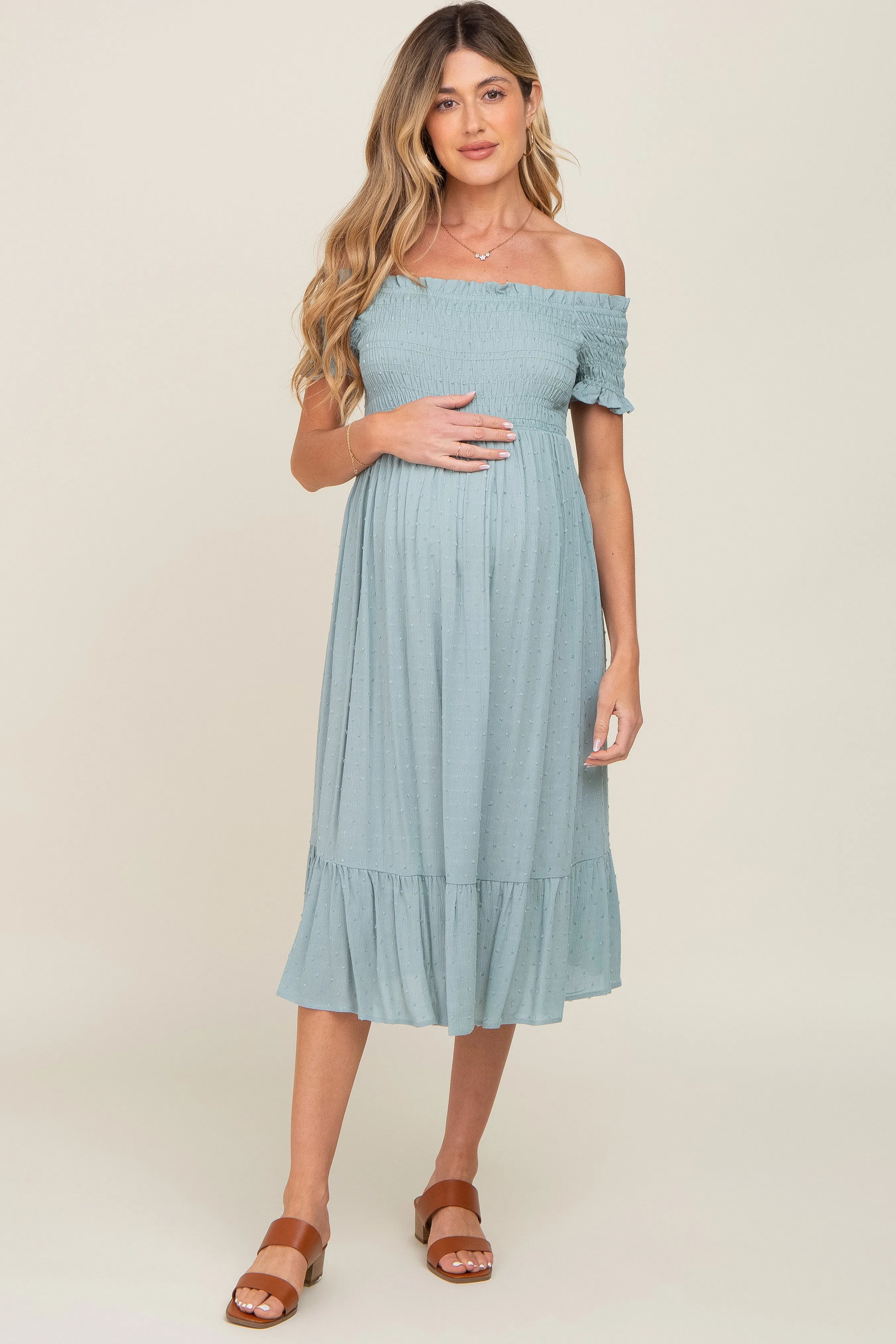 Sage Off Shoulder Smocked Maternity Midi Dress sold by Pinkblush product image thumbnail 5