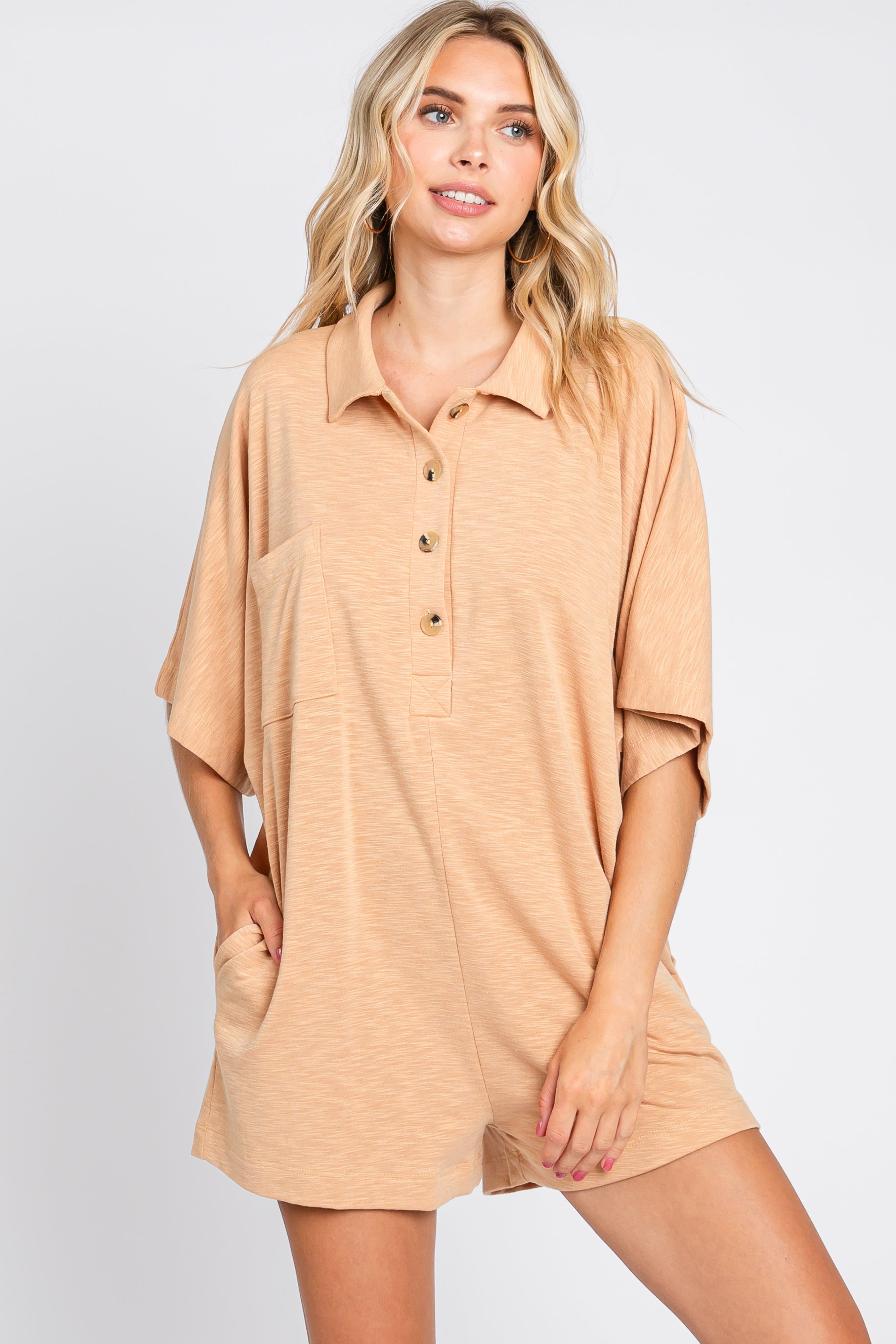 Camel Heathered Front Button Romper sold by Pinkblush