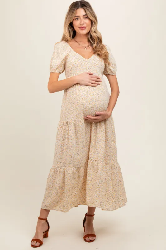 Yellow Ditsy Floral Tiered Maternity Midi Dress sold by Pinkblush