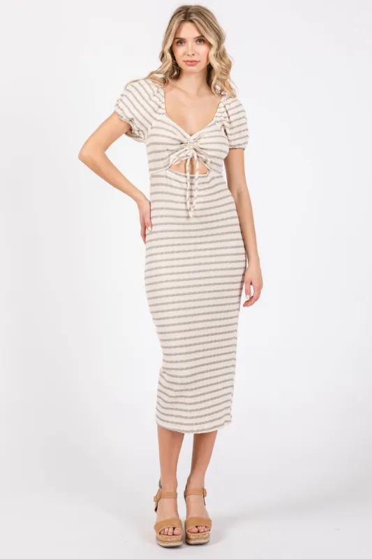Grey Striped Drawstring Ruched Front Midi Dress sold by Pinkblush