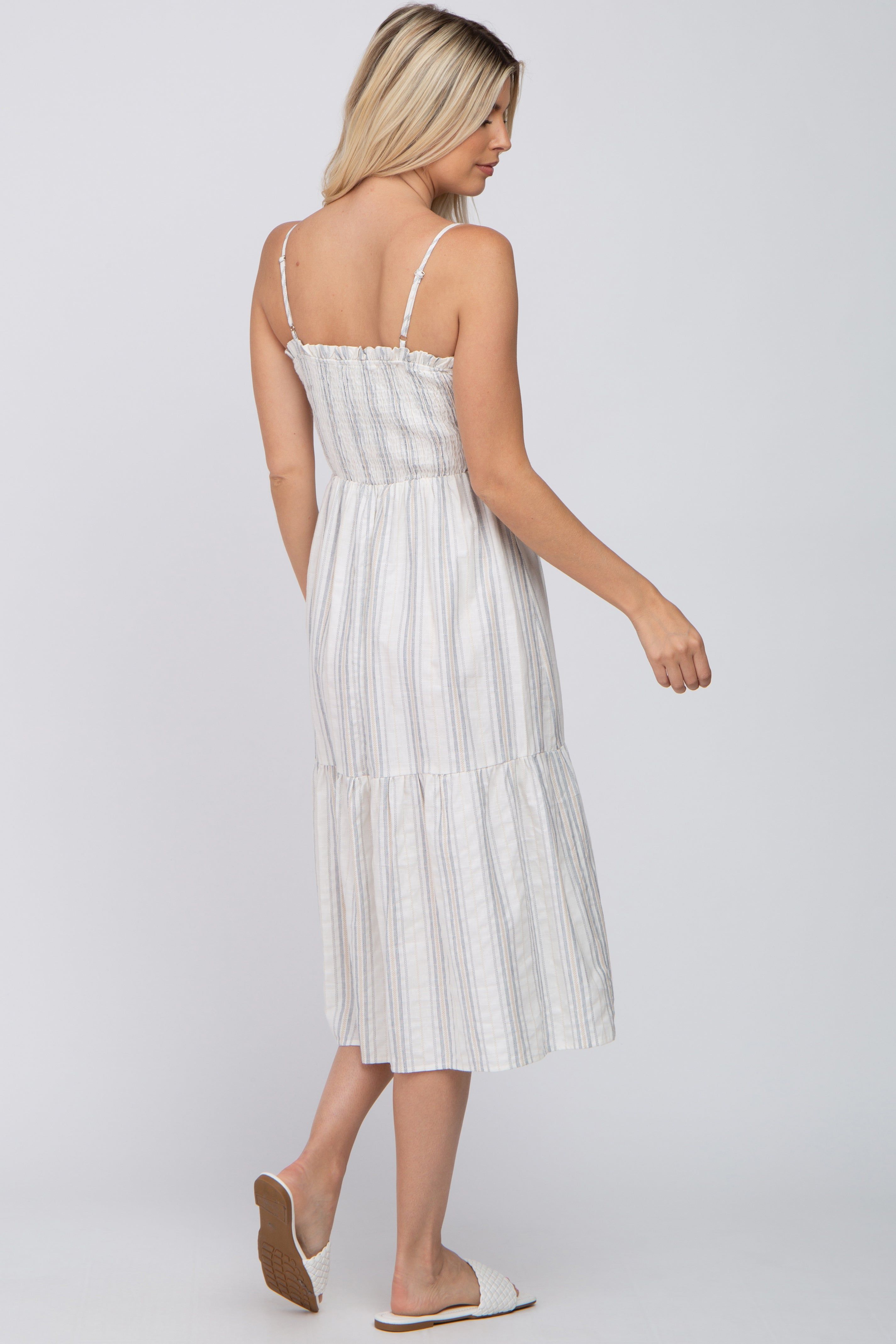 Taupe Striped Smocked Square Neck Midi Dress sold by Pinkblush product image thumbnail 3