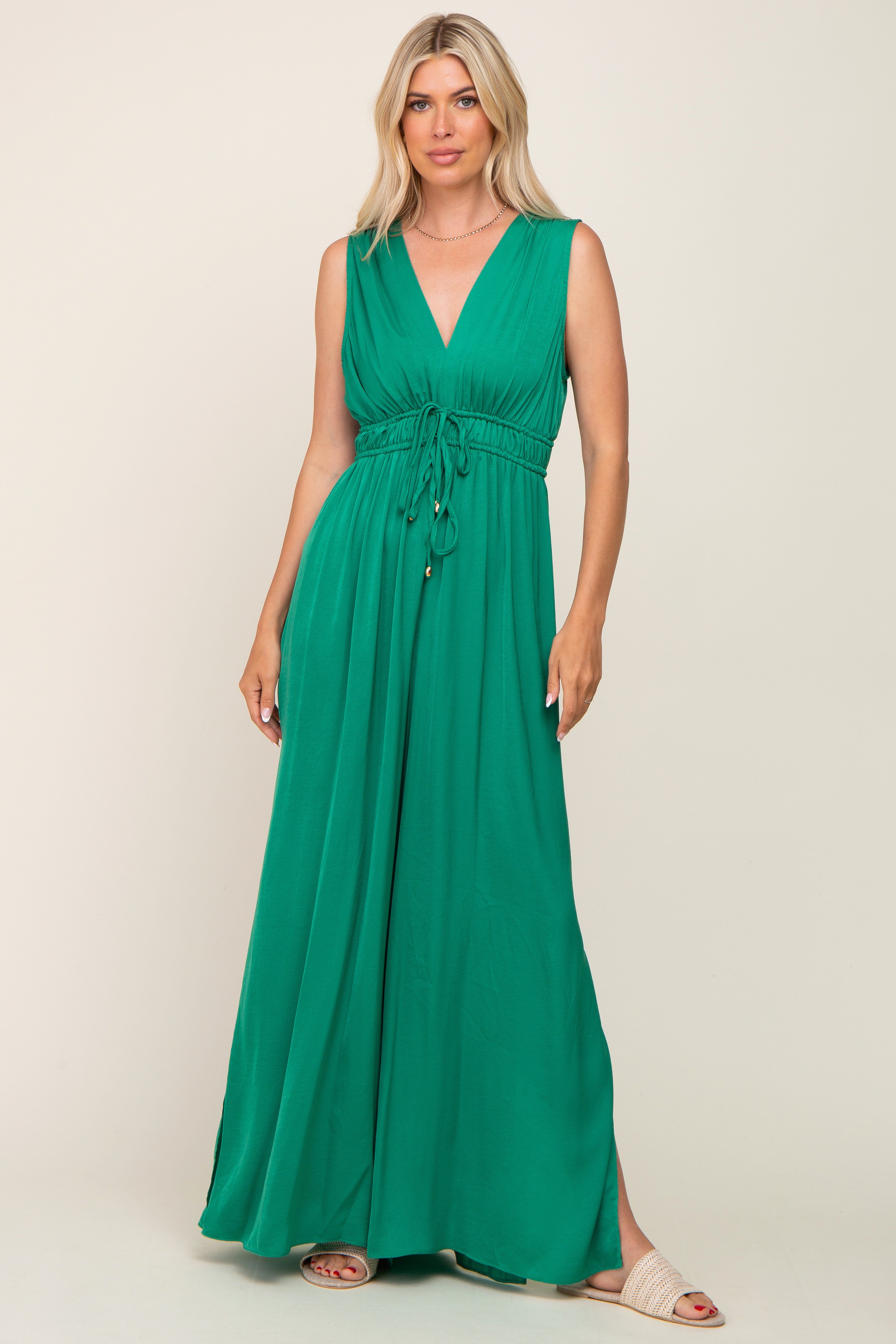 Green Satin V-Neck Side Slit Jumpsuit sold by Pinkblush product image thumbnail 4