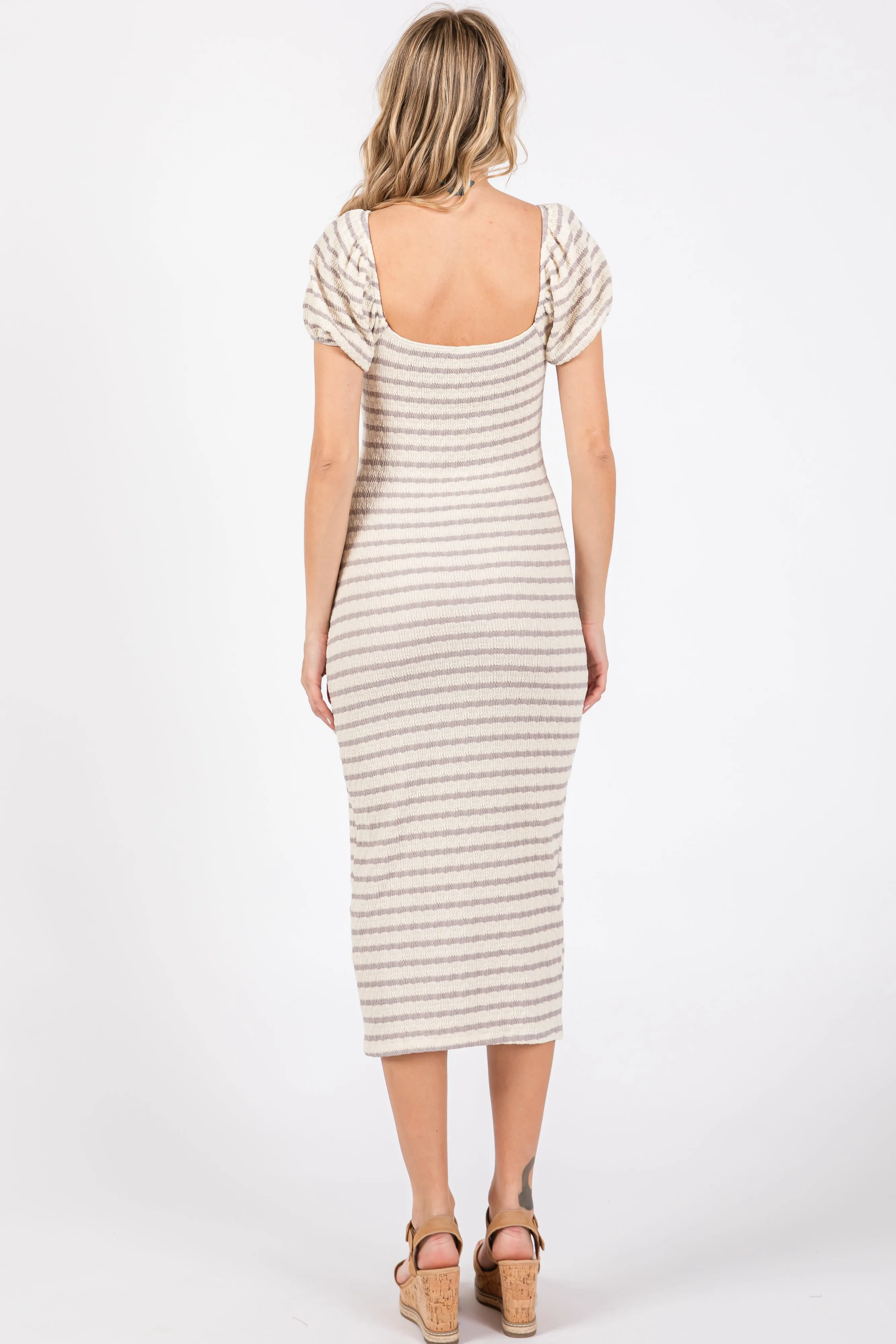 Grey Striped Drawstring Ruched Front Midi Dress sold by Pinkblush product image thumbnail 3