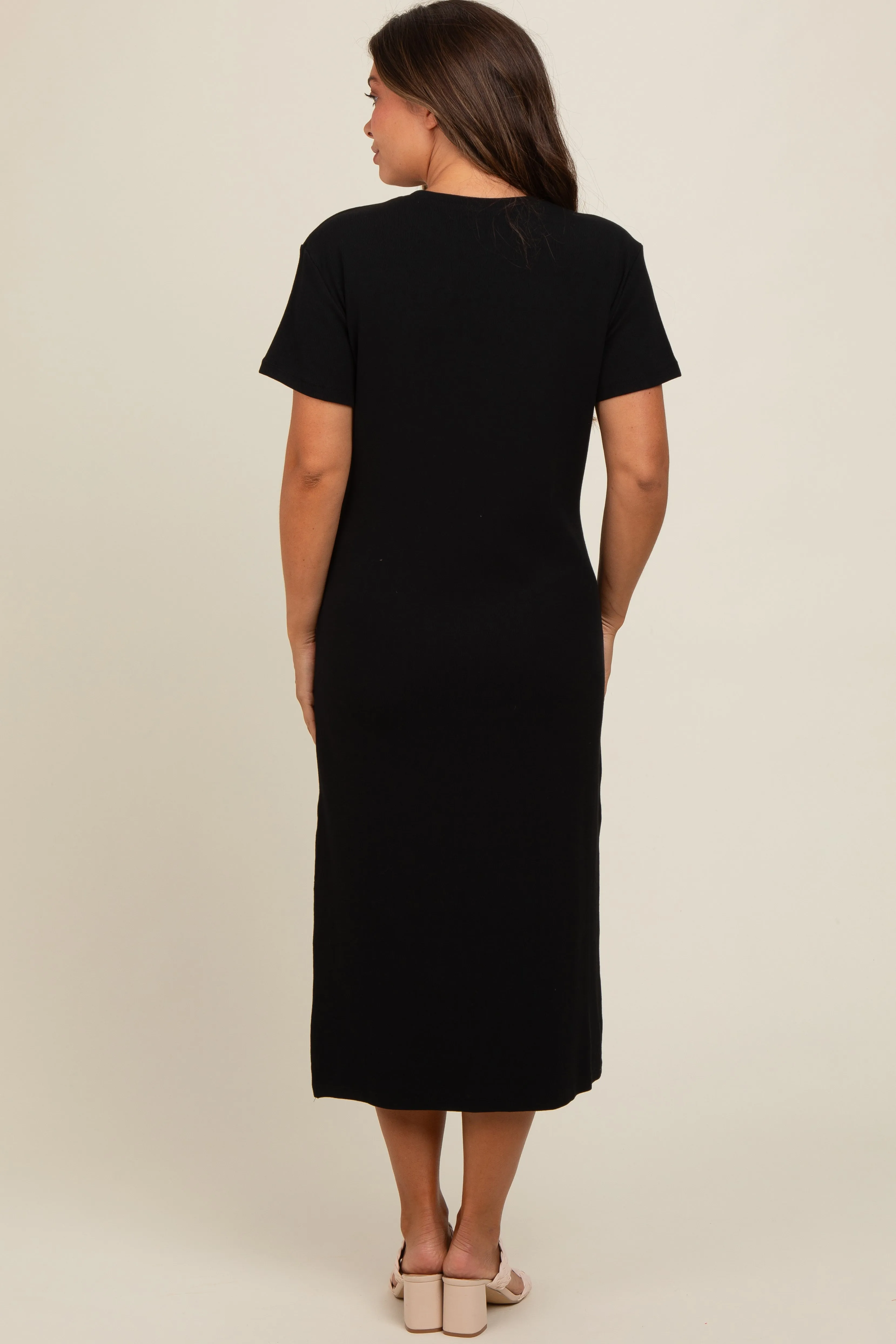 Black Short Sleeve Side Slit Maternity T-Shirt Midi Dress sold by Pinkblush product image thumbnail 4