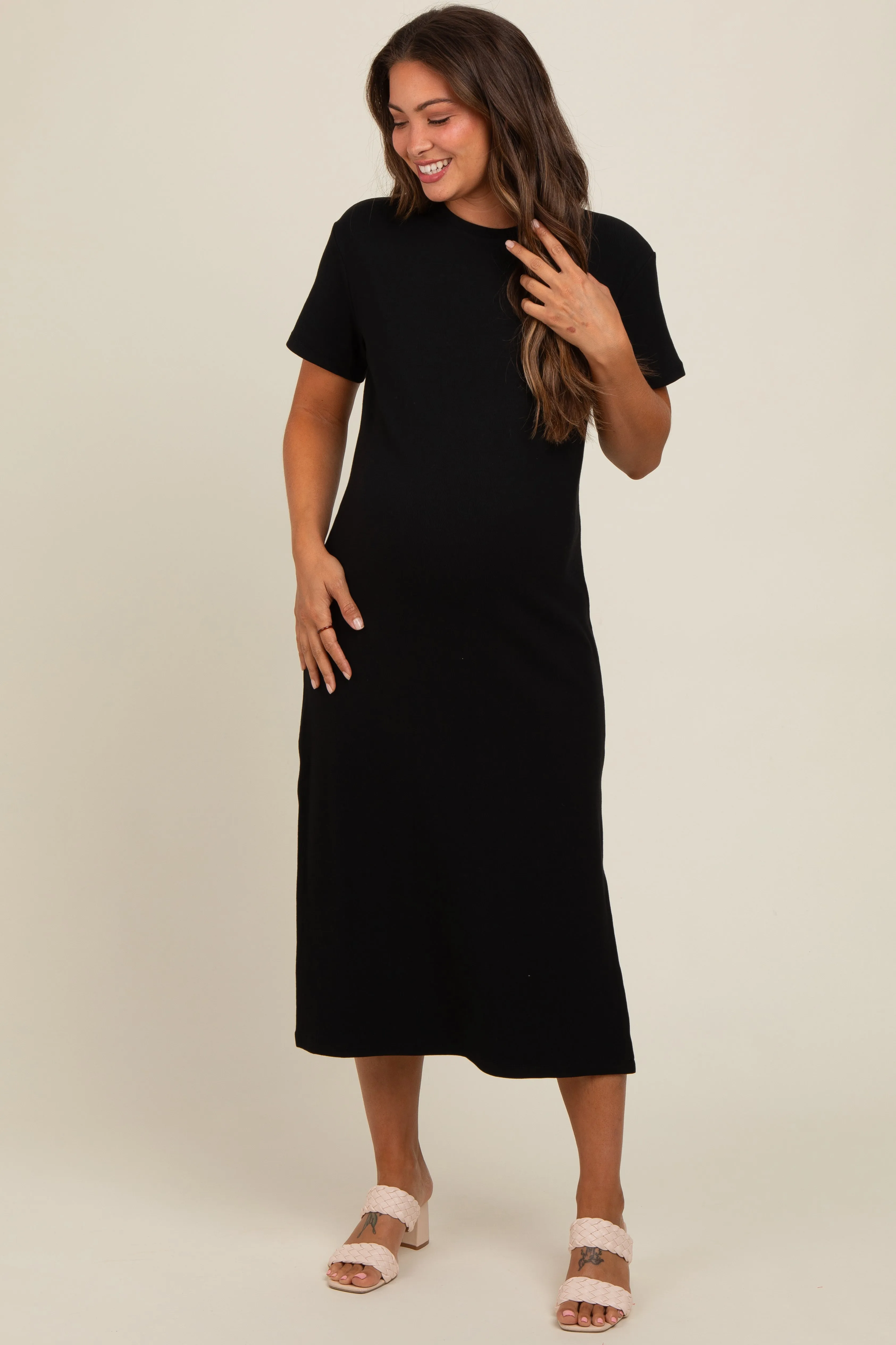 Black Short Sleeve Side Slit Maternity T-Shirt Midi Dress sold by Pinkblush