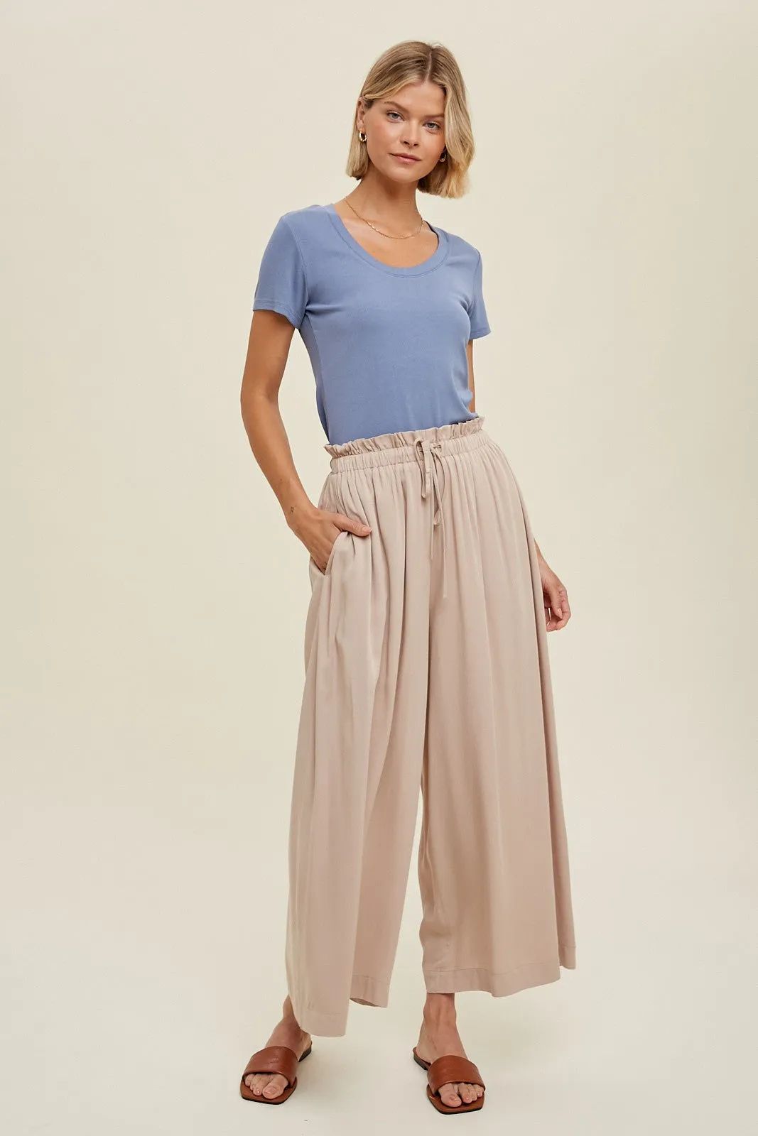 Beige Pleated Elastic Waist Wide Leg Crop Pants sold by Pinkblush