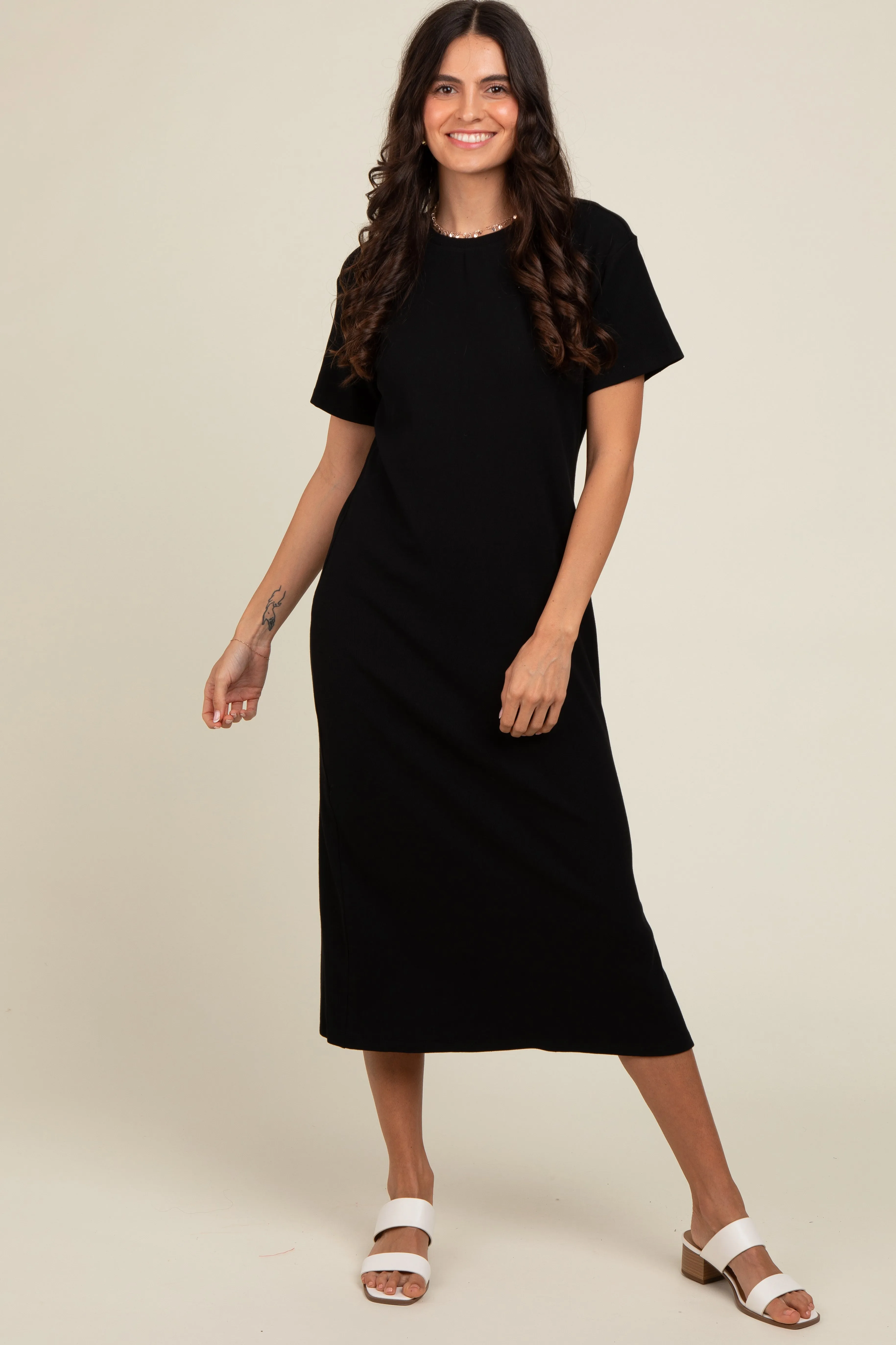Black Short Sleeve Side Slit Maternity T-Shirt Midi Dress sold by Pinkblush product image thumbnail 5