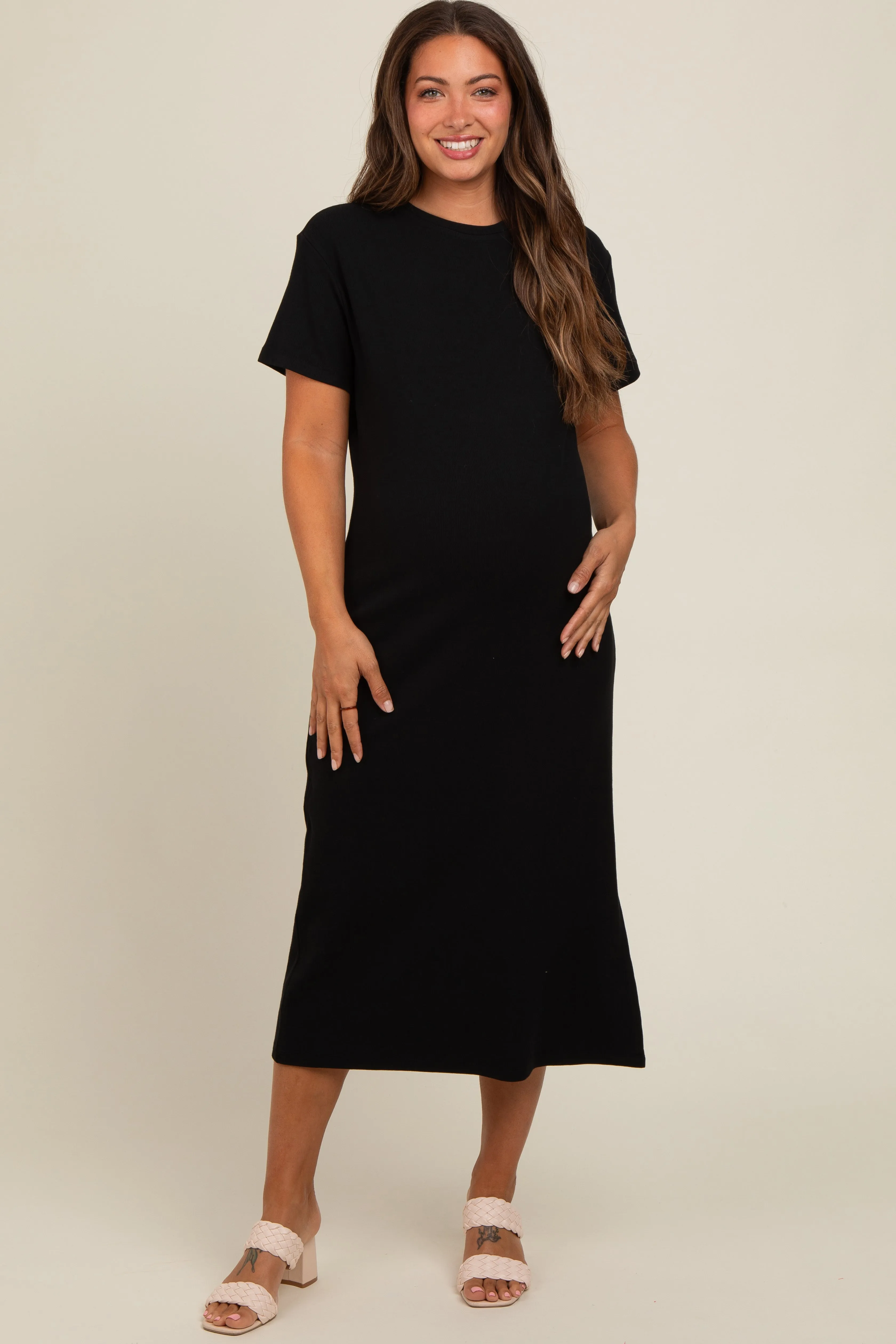 Black Short Sleeve Side Slit Maternity T-Shirt Midi Dress sold by Pinkblush product image thumbnail 2