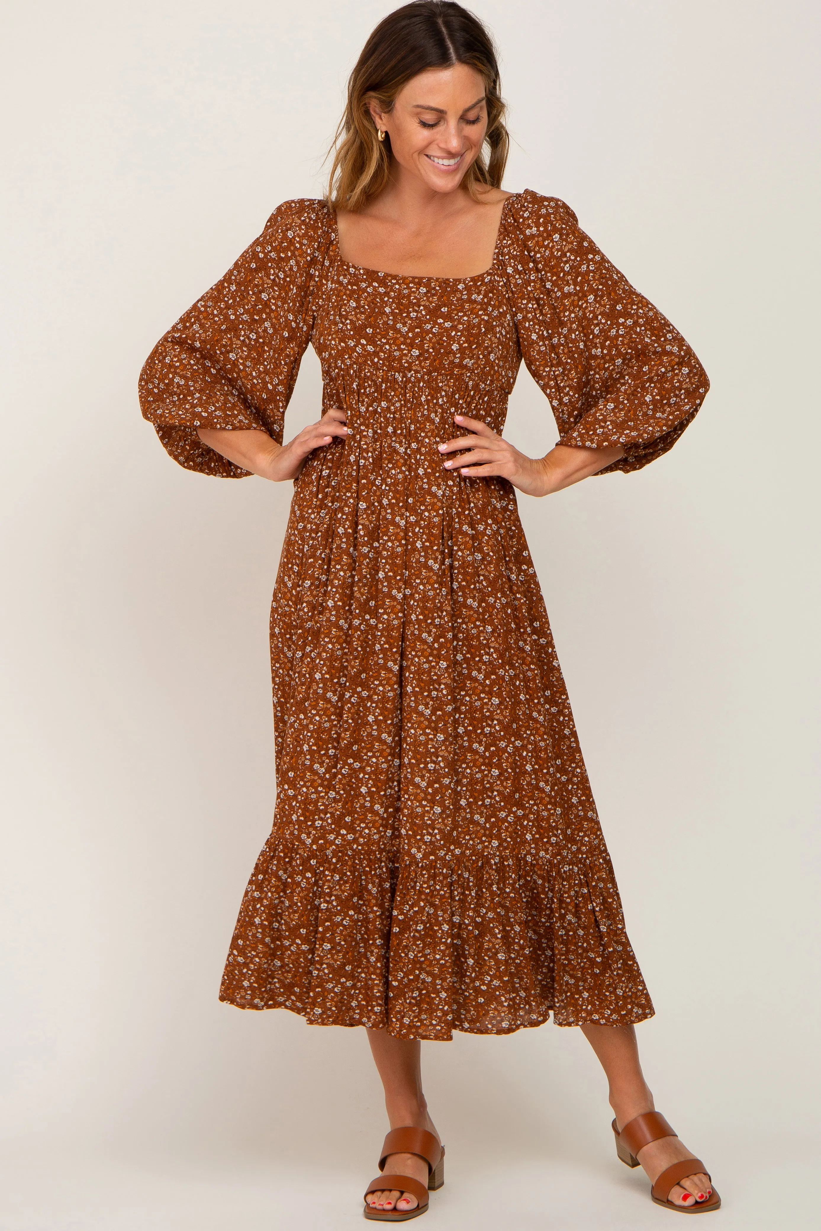 Camel Floral 3/4 Sleeve Midi Dress sold by Pinkblush