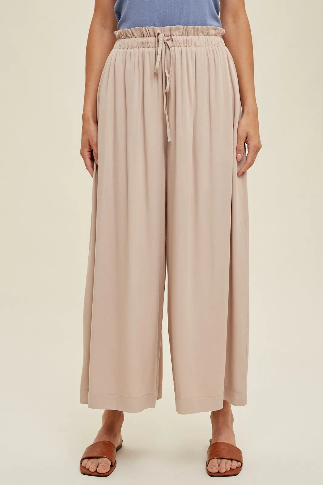 Beige Pleated Elastic Waist Wide Leg Crop Pants sold by Pinkblush product image thumbnail 2