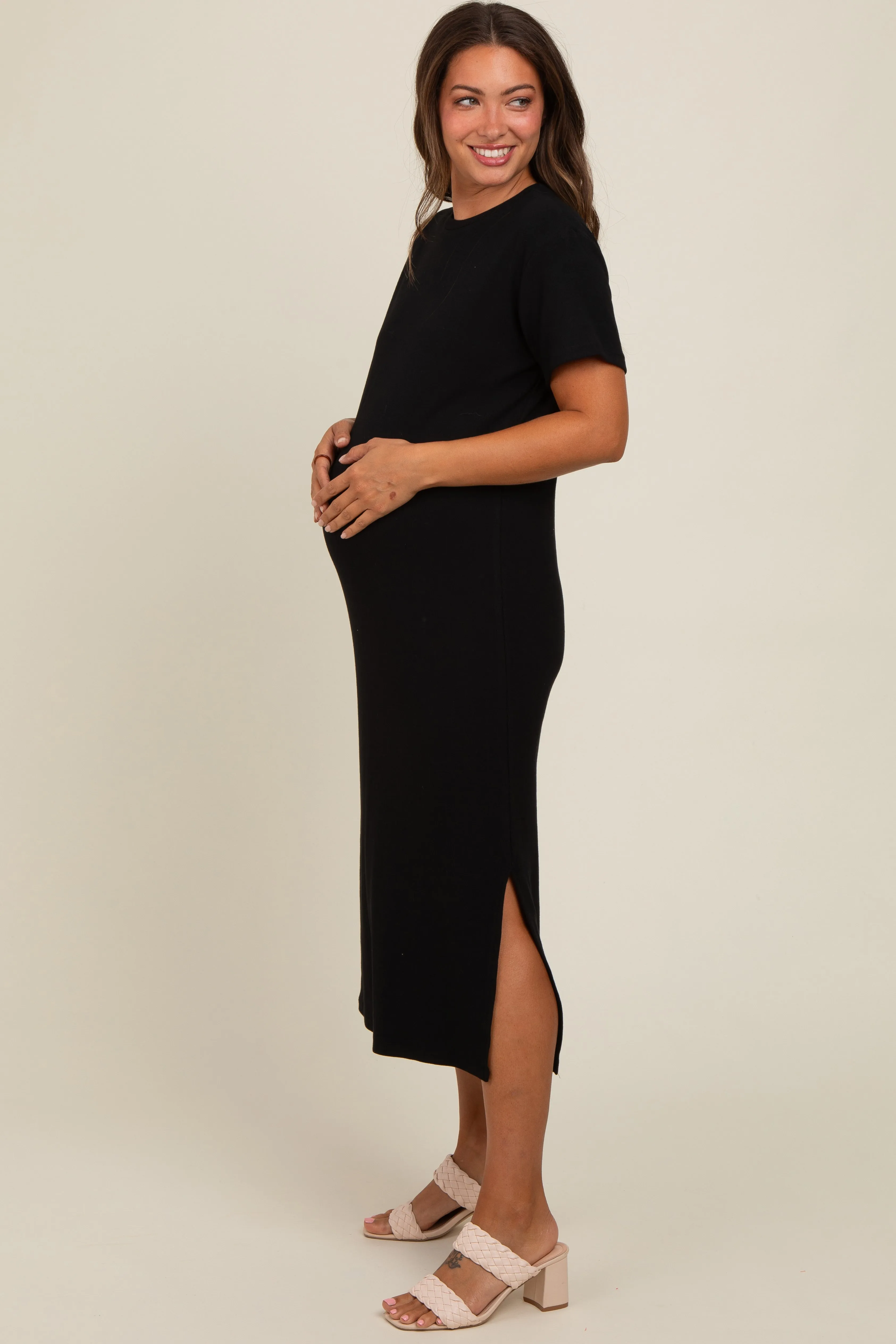 Black Short Sleeve Side Slit Maternity T-Shirt Midi Dress sold by Pinkblush product image thumbnail 3