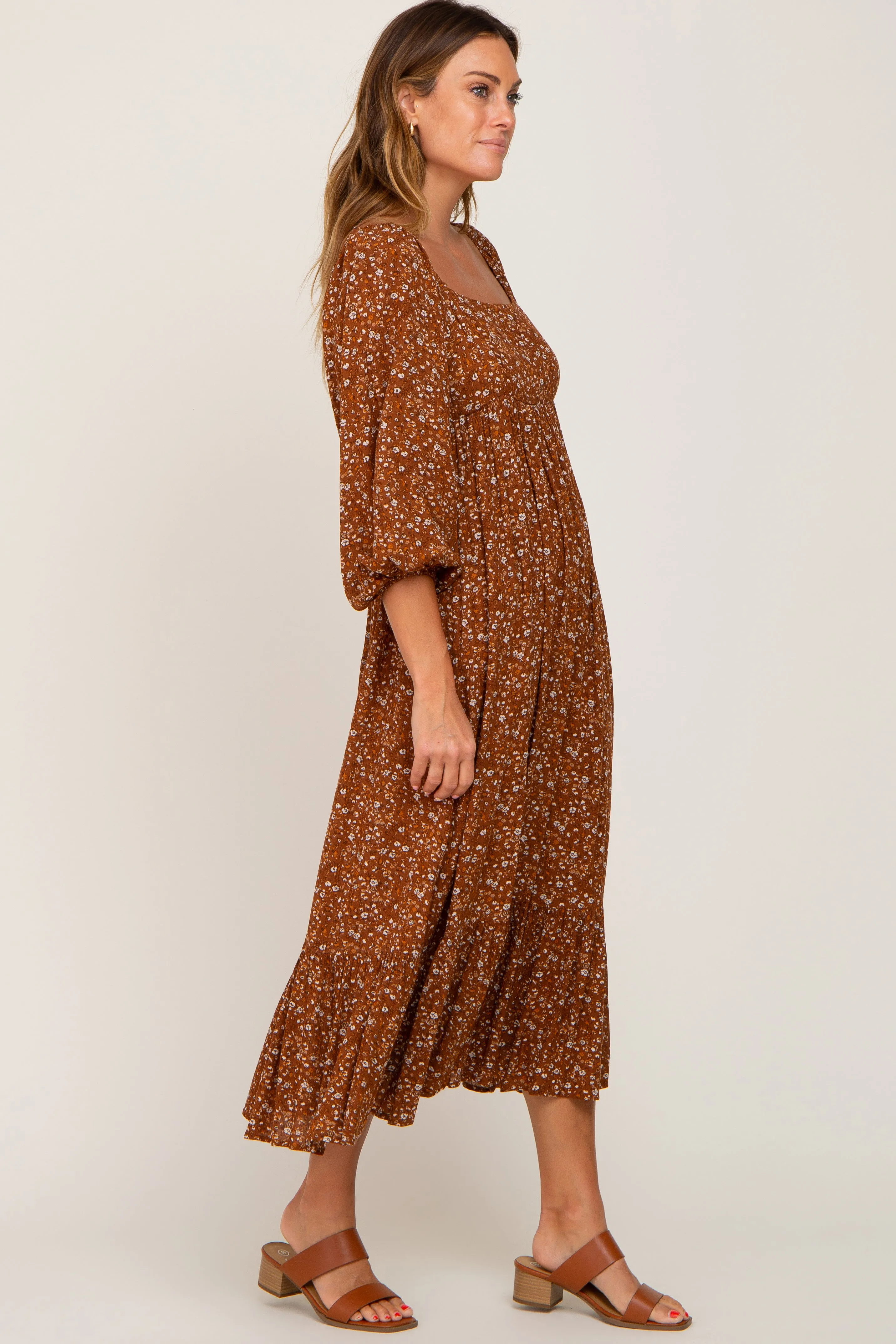 Camel Floral 3/4 Sleeve Midi Dress sold by Pinkblush product image thumbnail 2