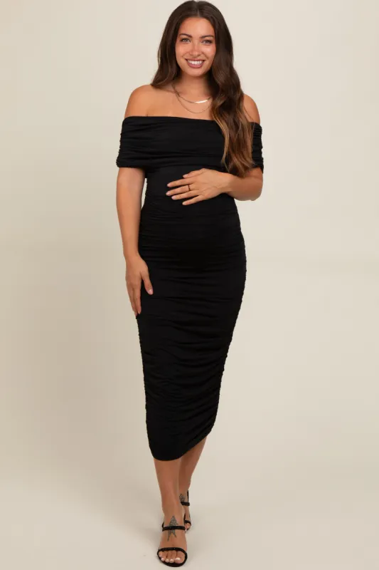 Black Off Shoulder Ruched Maternity Midi Dress sold by Pinkblush
