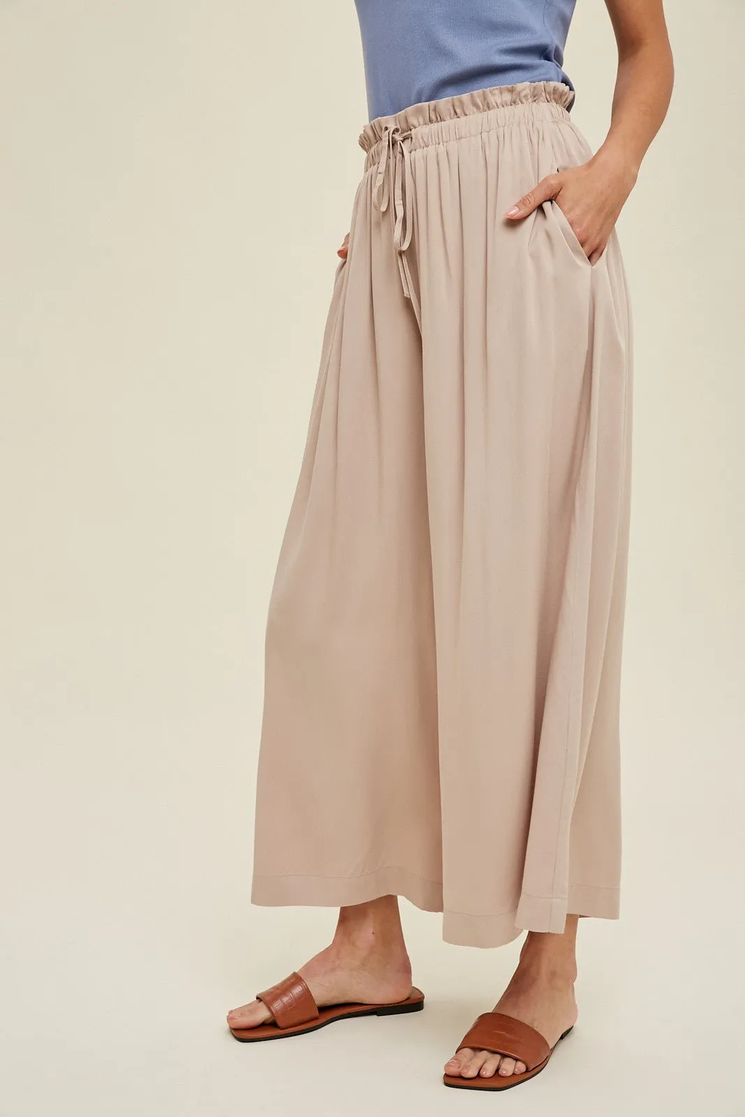 Beige Pleated Elastic Waist Wide Leg Crop Pants sold by Pinkblush product image thumbnail 3