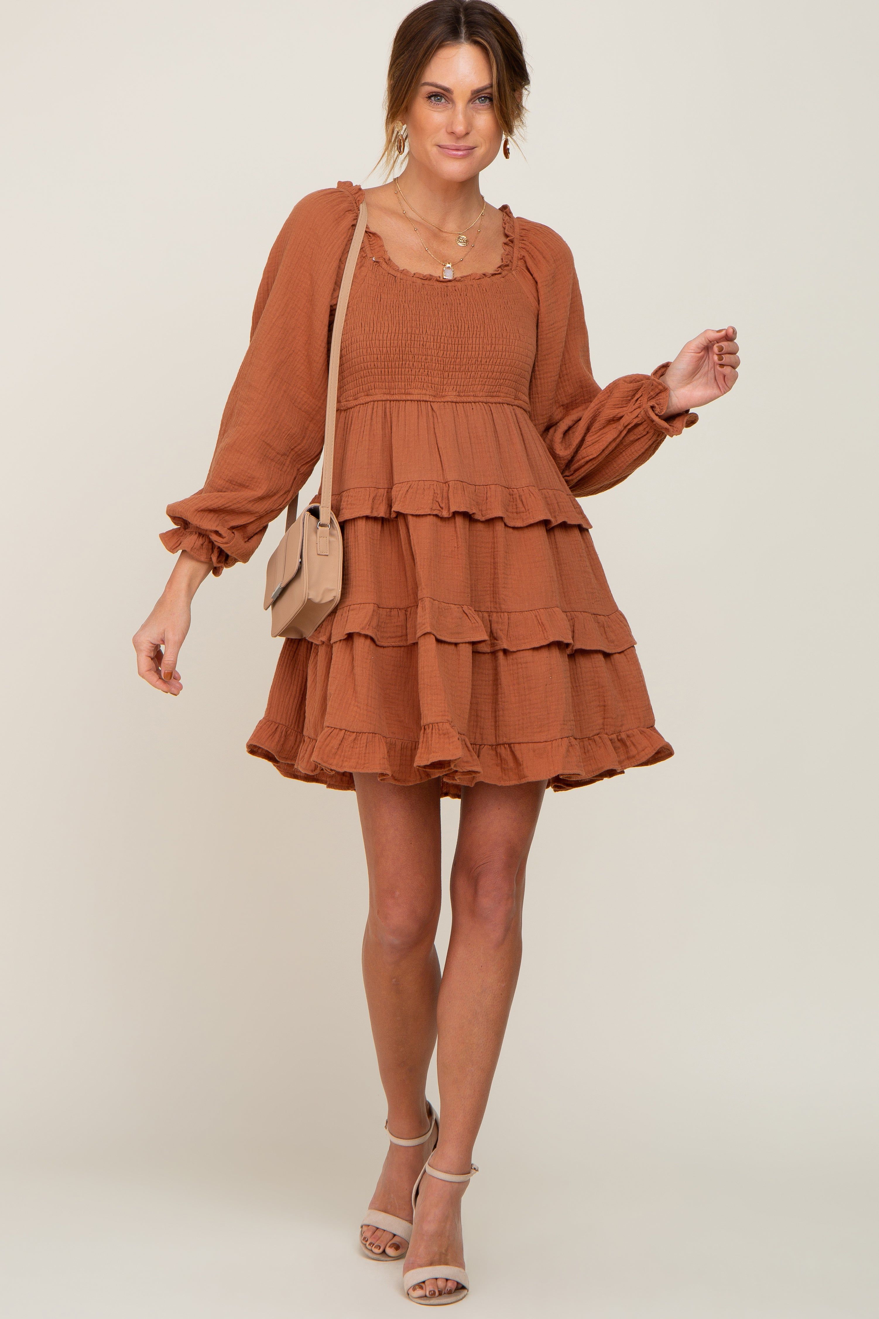 Camel Smocked Ruffle Tiered Long Sleeve Dress sold by Pinkblush product image thumbnail 5