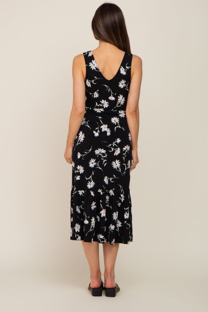 Black Floral Wrap Front V-Neck Ruffle Maternity Midi Dress sold by Pinkblush product image thumbnail 2