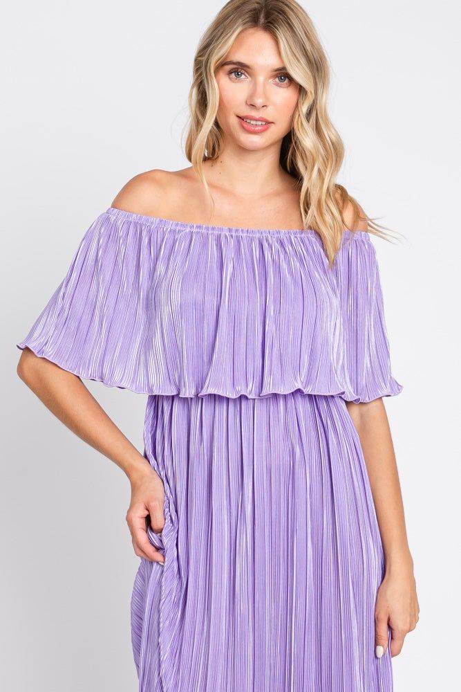 Lavender Pleated Plisse Ruffle Off-Shoulder Maxi Dress sold by Pinkblush product image thumbnail 4