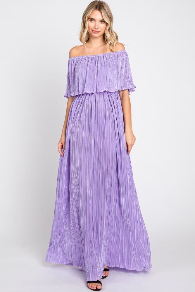 Lavender Pleated Plisse Ruffle Off-Shoulder Maxi Dress sold by Pinkblush