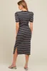 Navy Multi Striped Puff Sleeve Maternity Midi Dress sold by Pinkblush