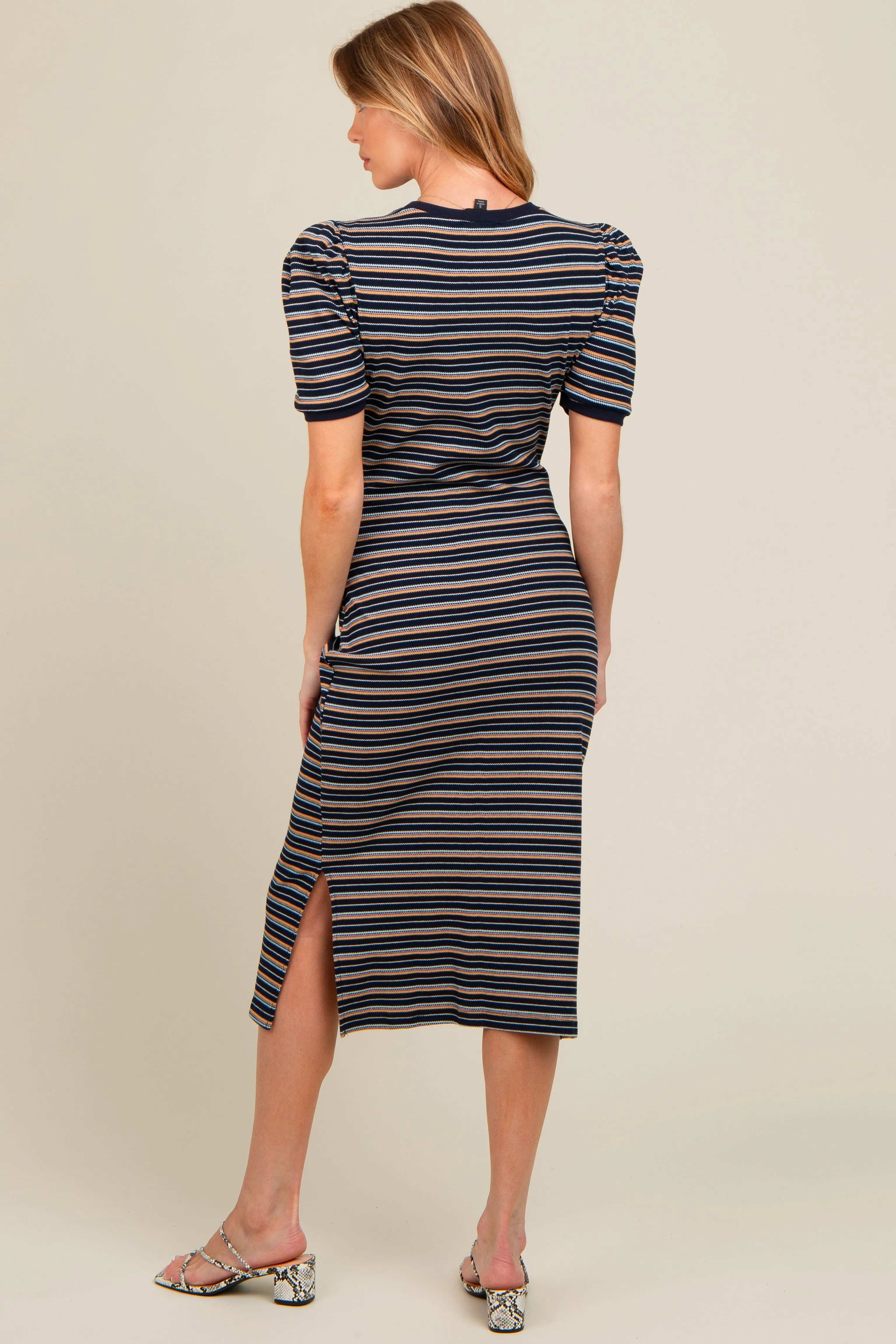 Navy Multi Striped Puff Sleeve Maternity Midi Dress sold by Pinkblush product image thumbnail 3