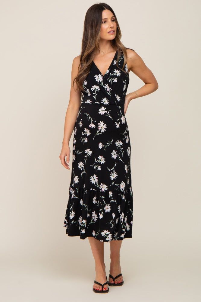 Black Floral Wrap Front V-Neck Ruffle Maternity Midi Dress sold by Pinkblush product image thumbnail 3