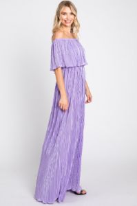 Lavender Pleated Plisse Ruffle Off-Shoulder Maxi Dress sold by Pinkblush
