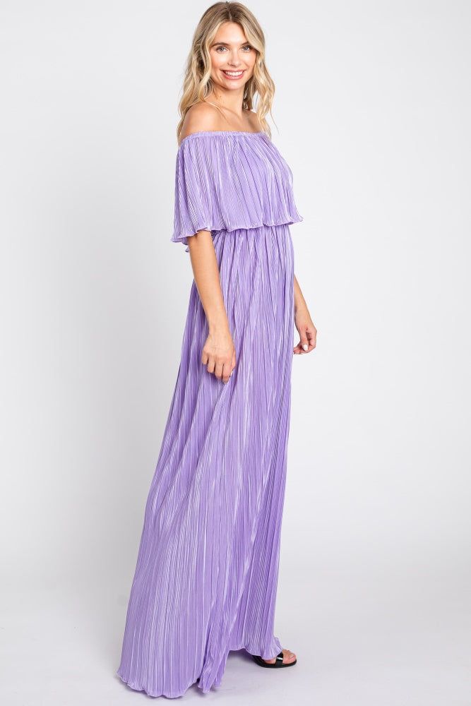 Lavender Pleated Plisse Ruffle Off-Shoulder Maxi Dress sold by Pinkblush product image thumbnail 2