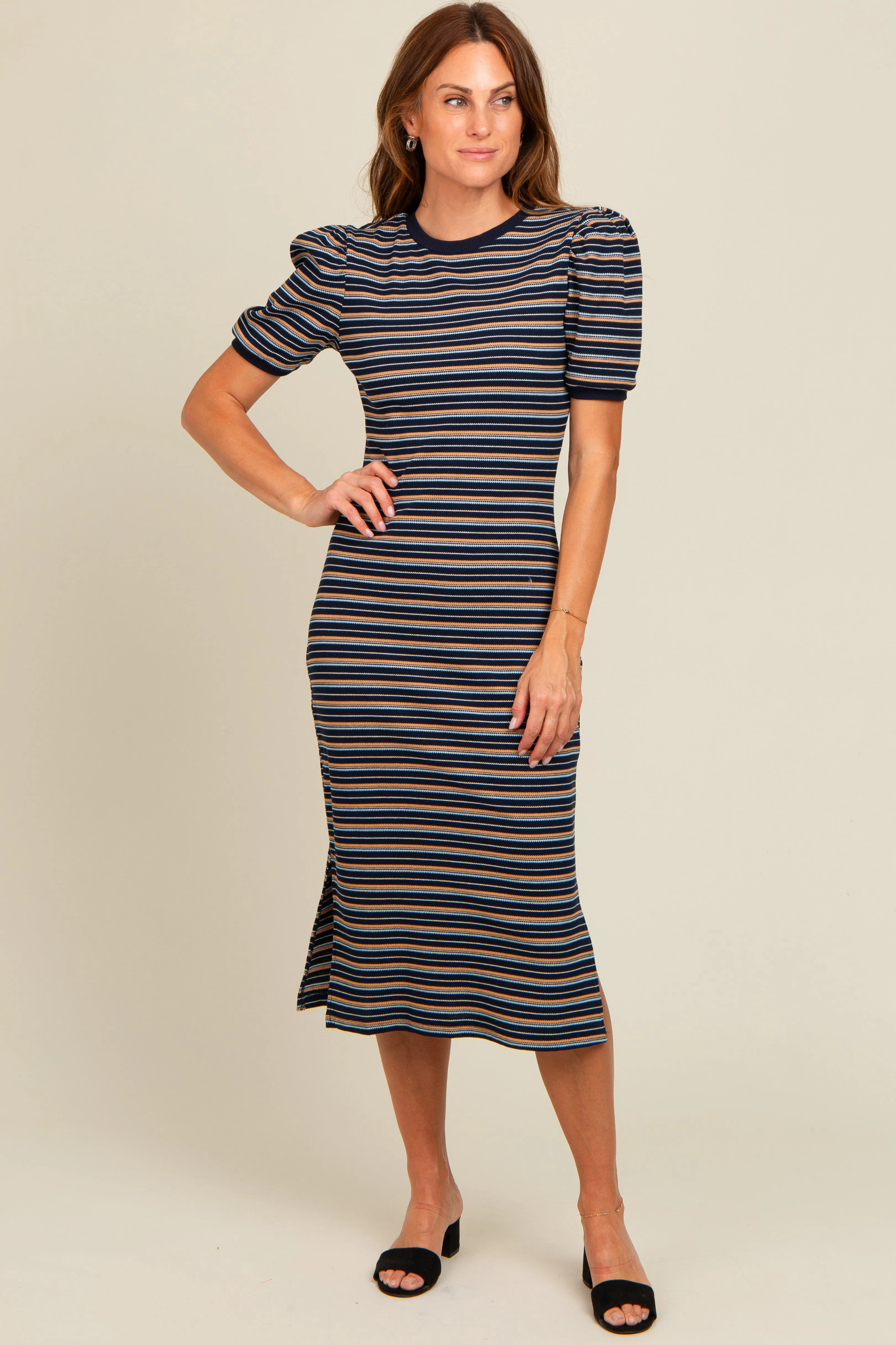 Navy Multi Striped Puff Sleeve Maternity Midi Dress sold by Pinkblush product image thumbnail 4