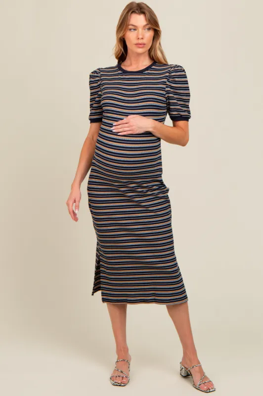 Navy Multi Striped Puff Sleeve Maternity Midi Dress sold by Pinkblush