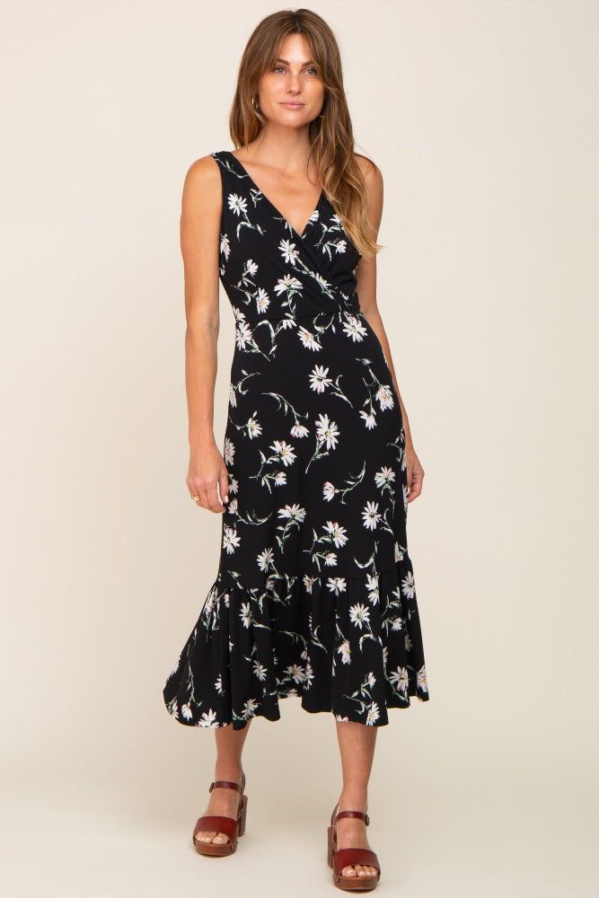 Black Floral Wrap Front V-Neck Ruffle Maternity Midi Dress sold by Pinkblush product image thumbnail 4
