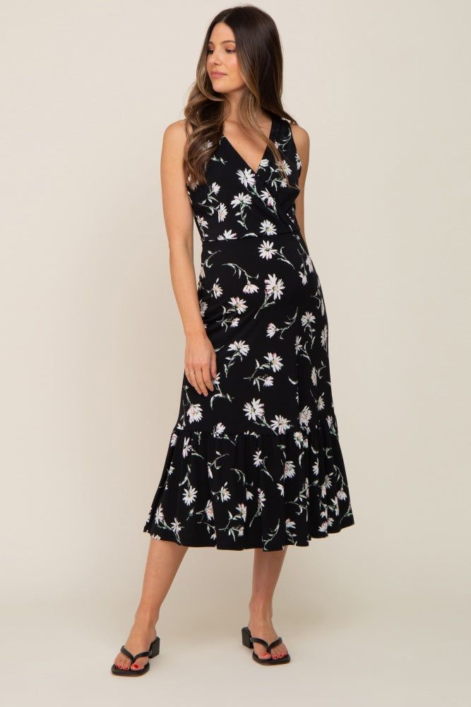 Black Floral Wrap Front V-Neck Ruffle Maternity Midi Dress sold by Pinkblush