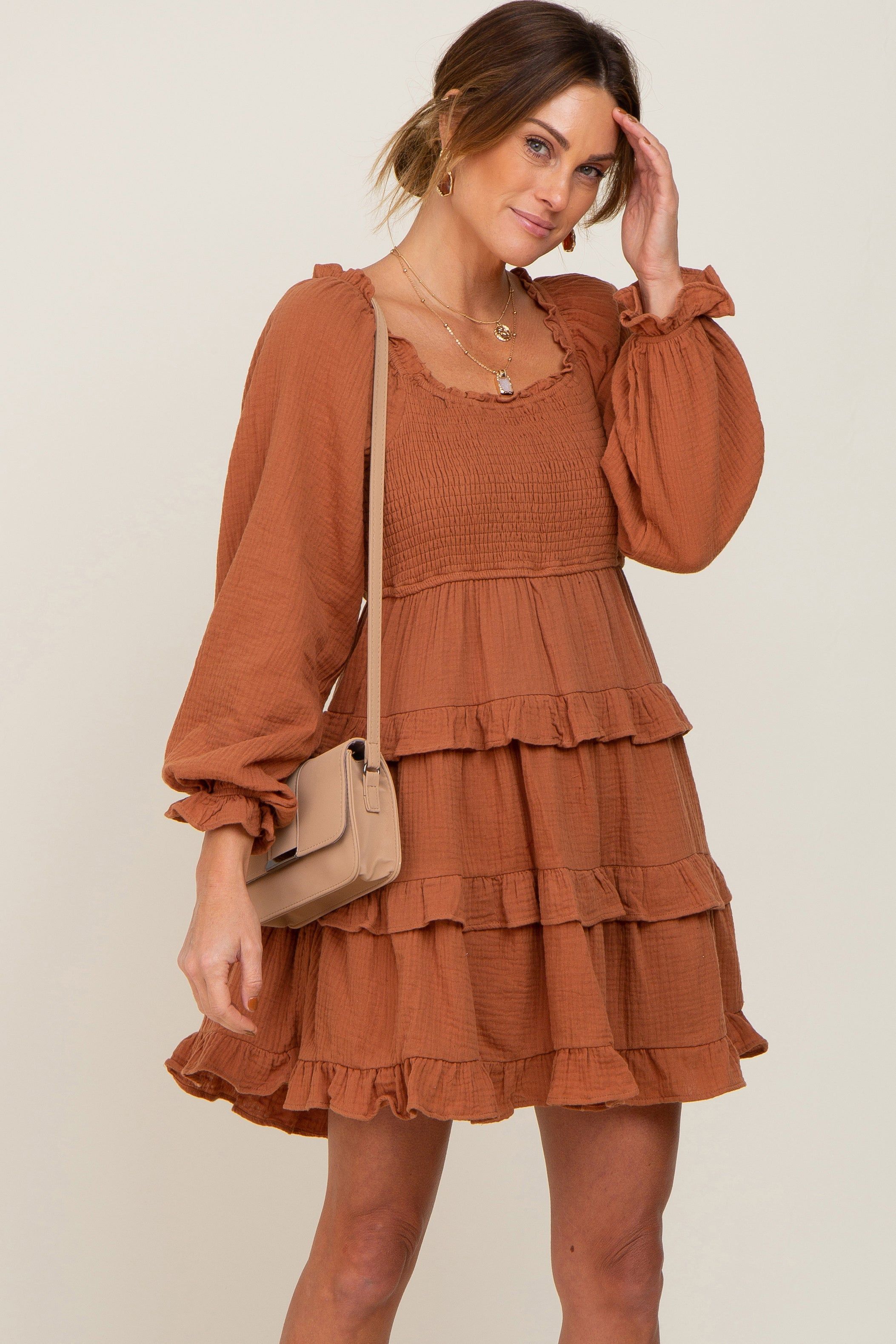 Camel Smocked Ruffle Tiered Long Sleeve Dress sold by Pinkblush